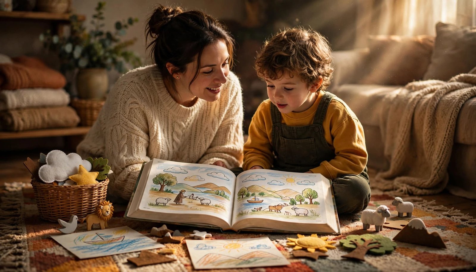 A parent and child share an open Bible on a rug with story props nearby.