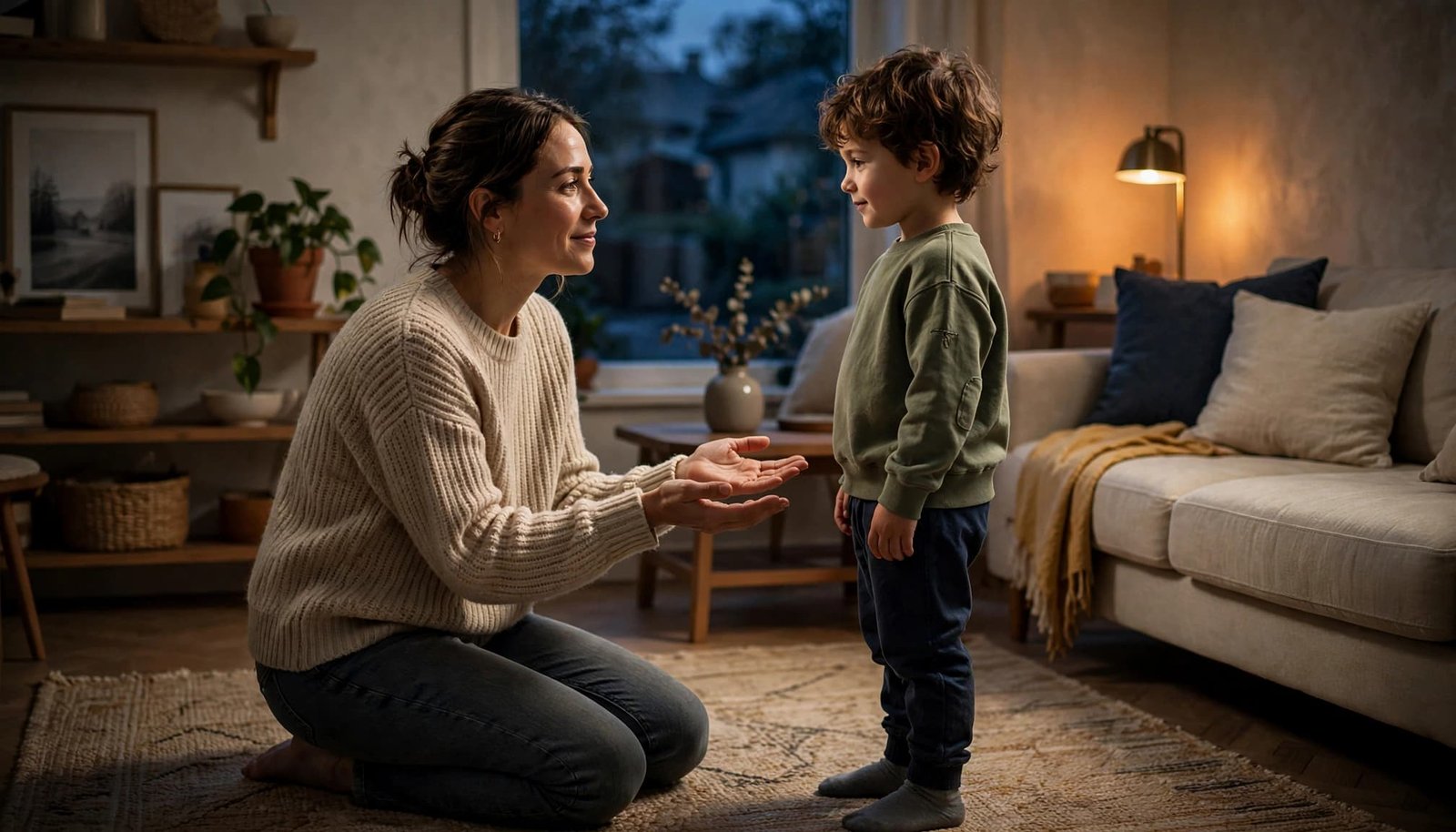 A parent kneels calmly before a child in a warmly lit living room.