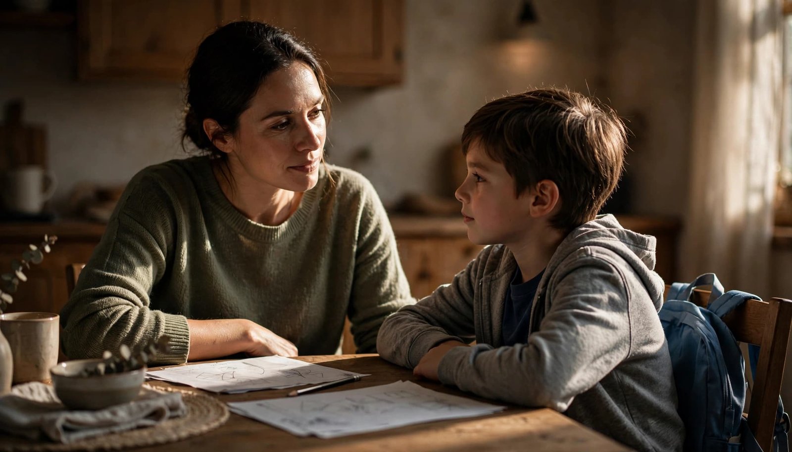A parent and child calmly talk at a kitchen table with school items nearby.