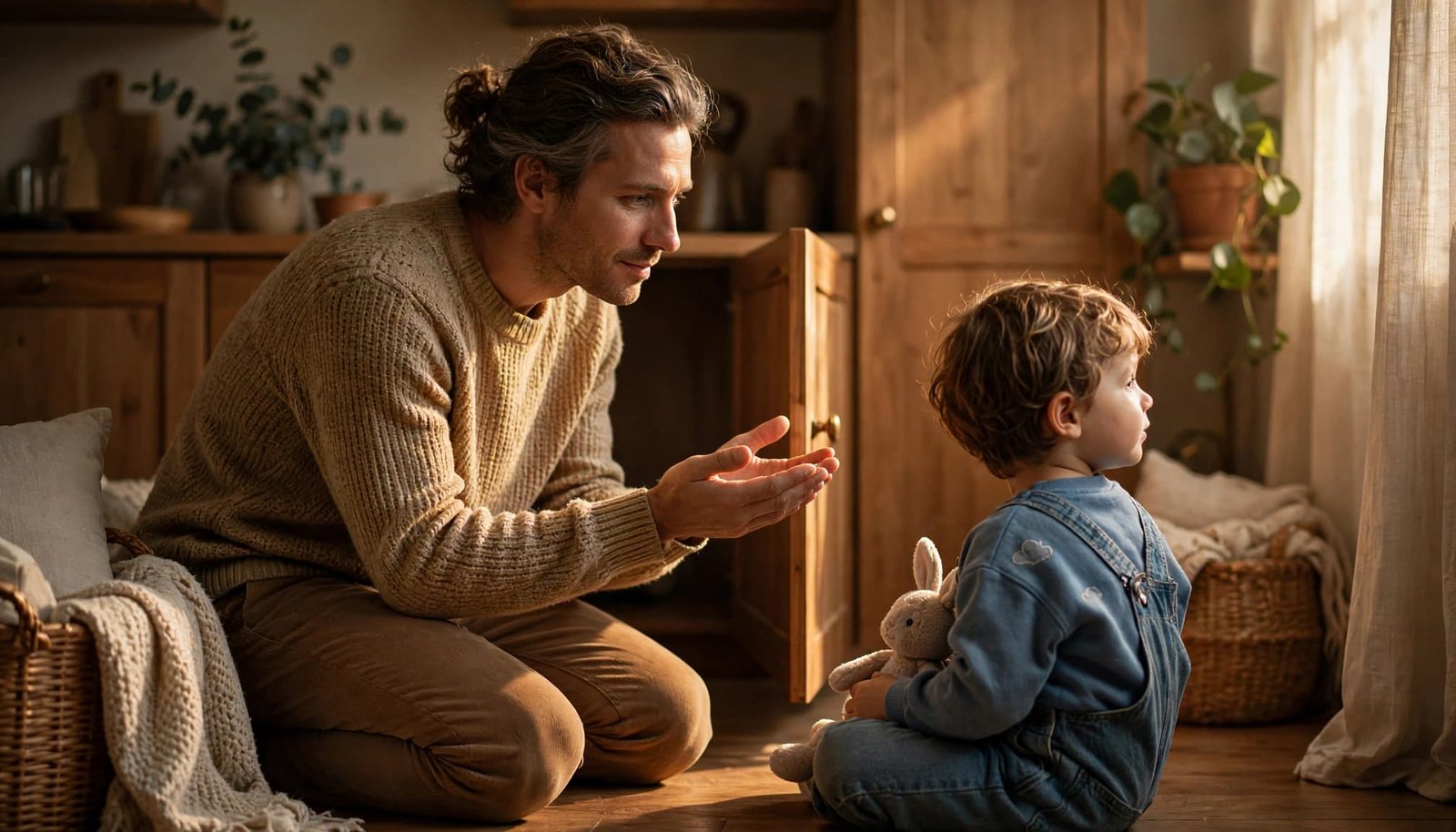 A parent kneels beside a young child, calmly demonstrating safe behavior at eye level.