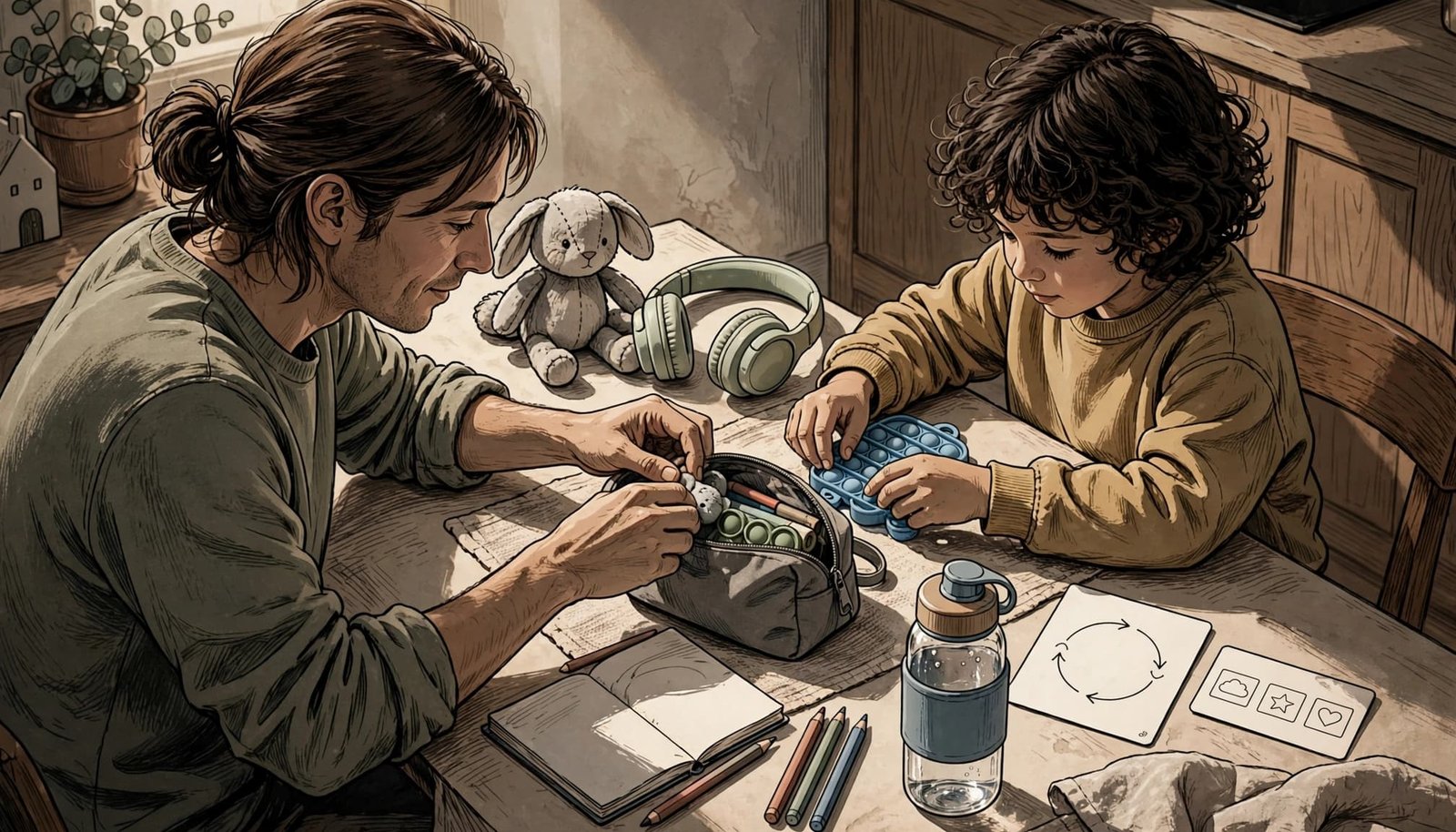 A parent and child prepare calming tools together at a kitchen table.
