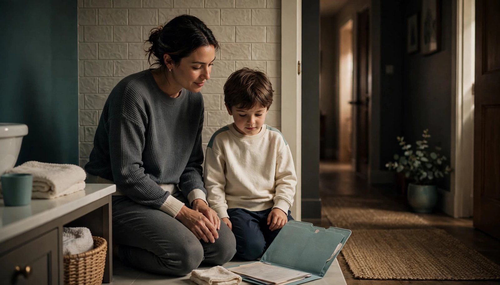 A parent and child review an ear-care routine beside bathroom supplies.