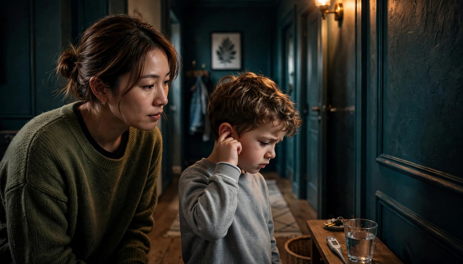 A parent watches a child touching one ear near a thermometer and water cup.