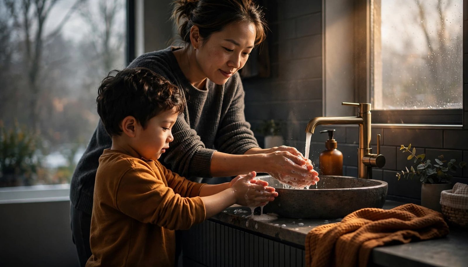 A parent and child wash their hands together at a bright bathroom sink.