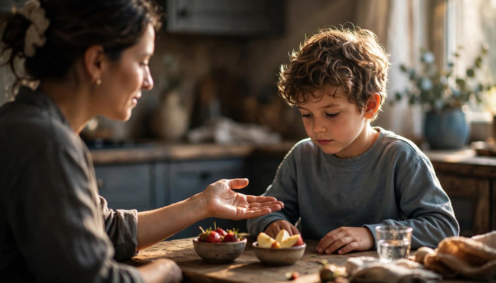 A parent offers choices as a child thinks at a warm kitchen table.