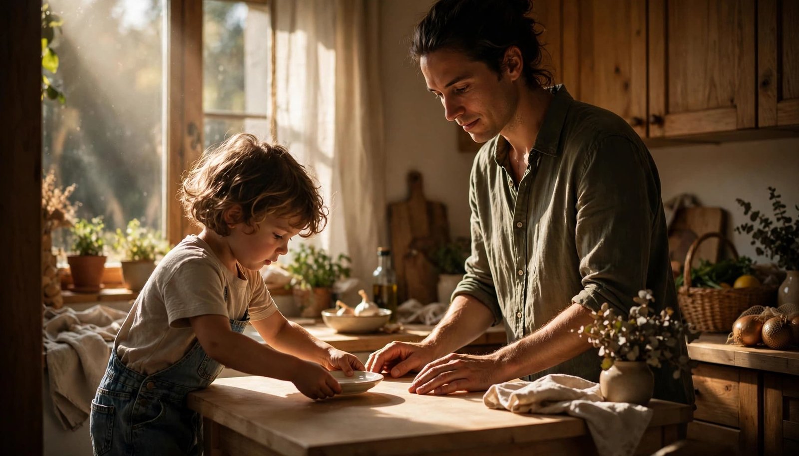 A parent watches as a young child places a dish on a low kitchen counter.