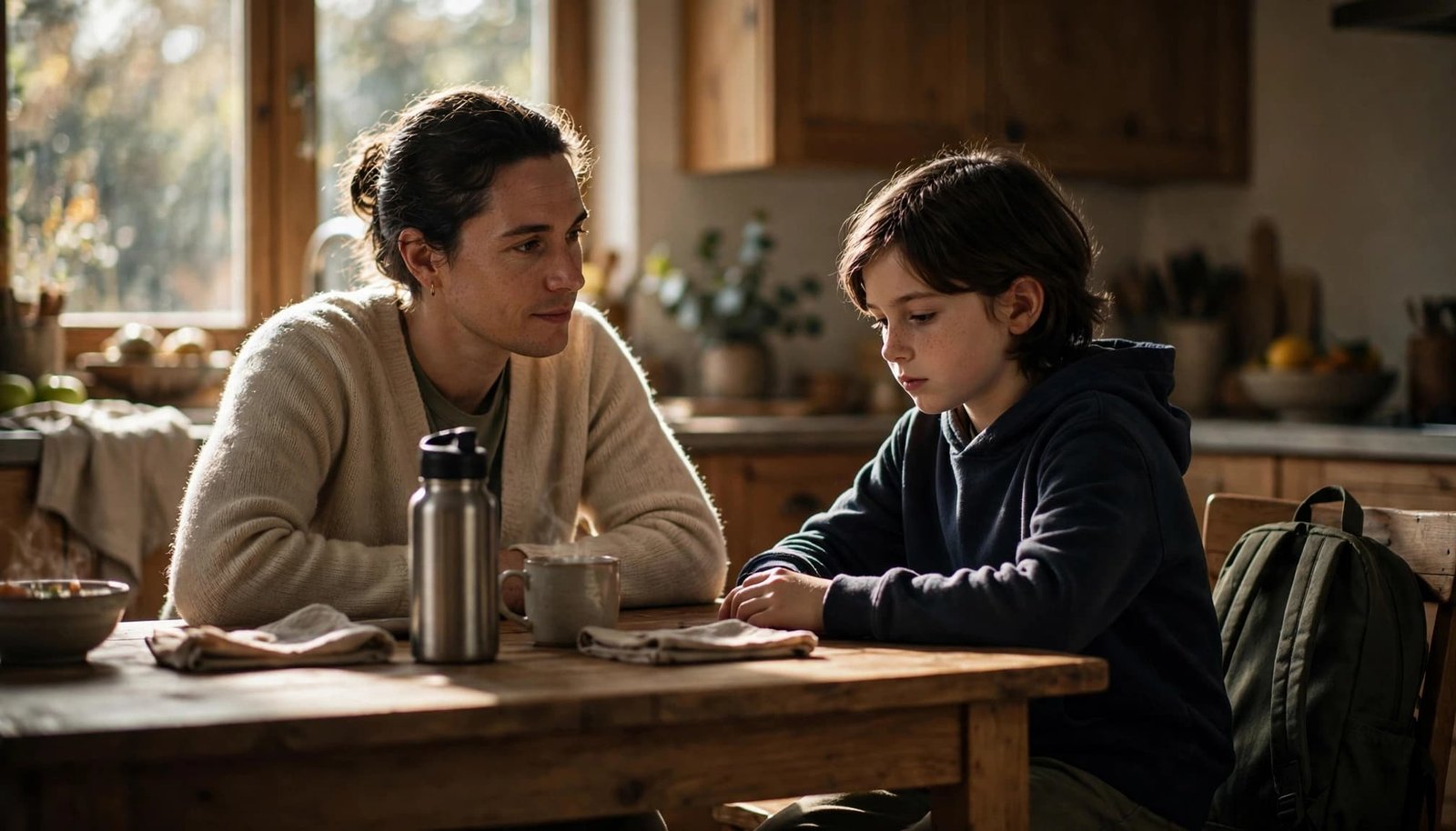 A parent listens to a thoughtful child at a kitchen table with a backpack nearby.