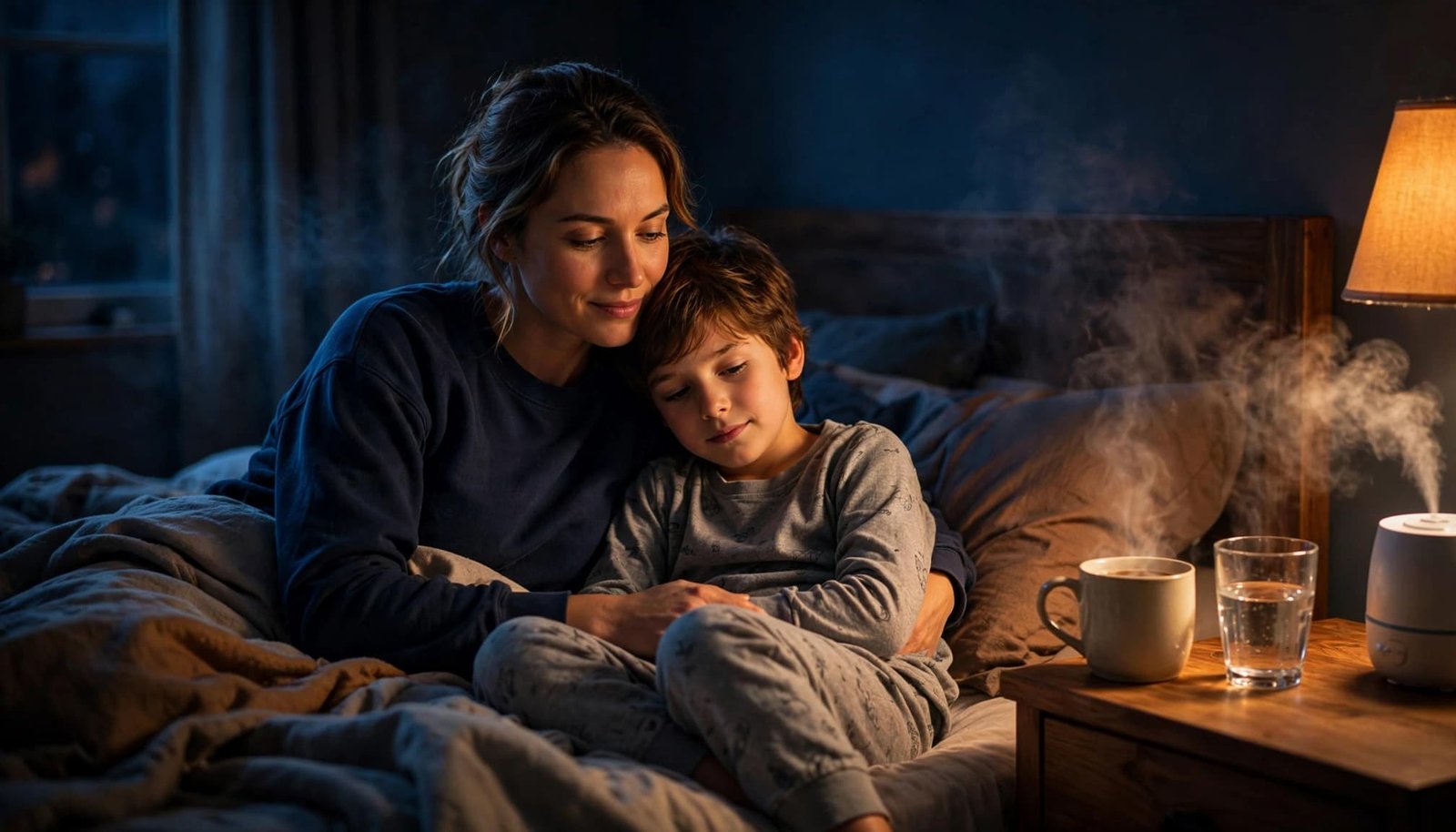 Parent and child relax in a bedroom with a mug and water nearby.