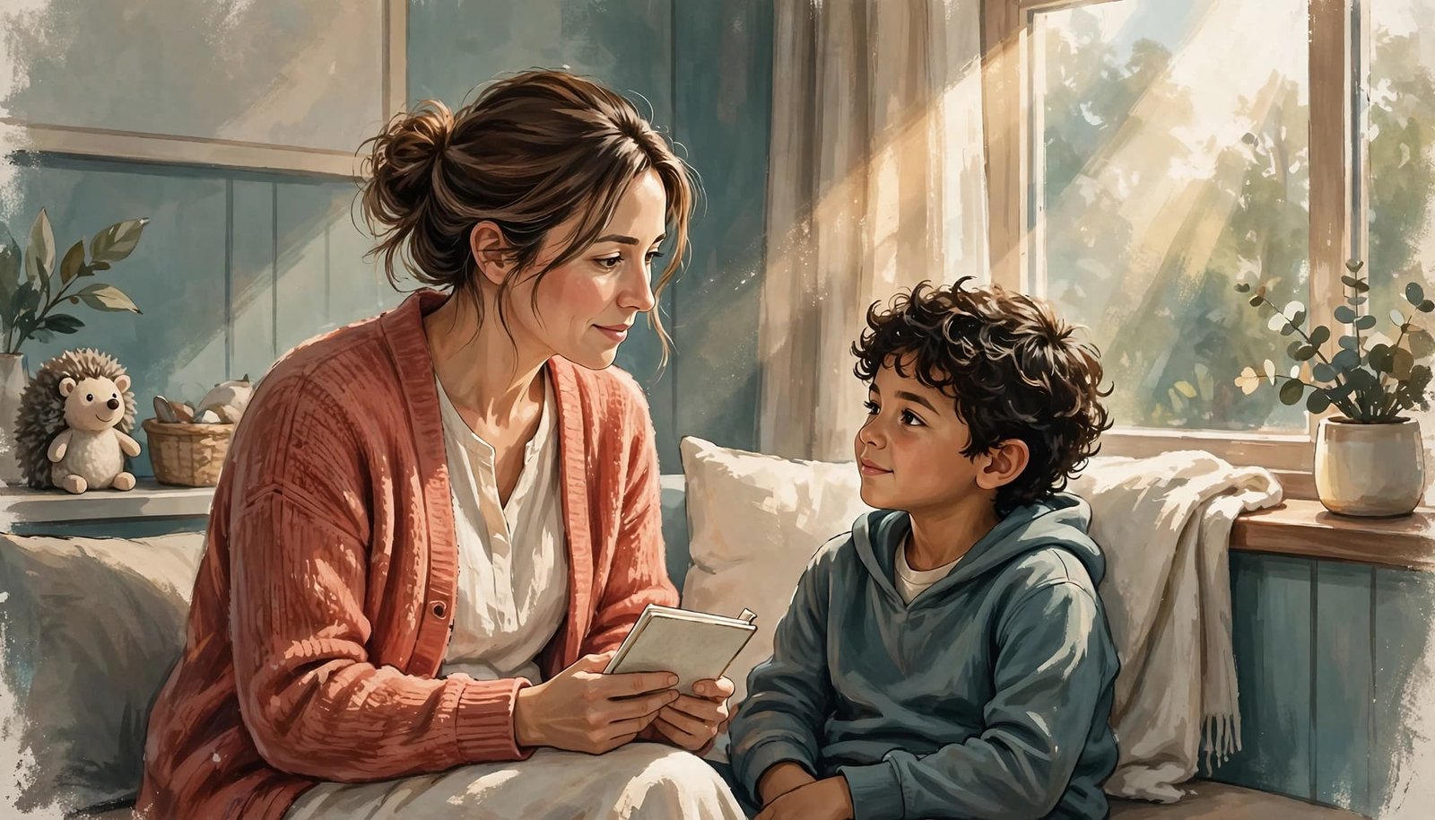 A parent holds a notebook while sitting with a relaxed child in a warm consultation room.