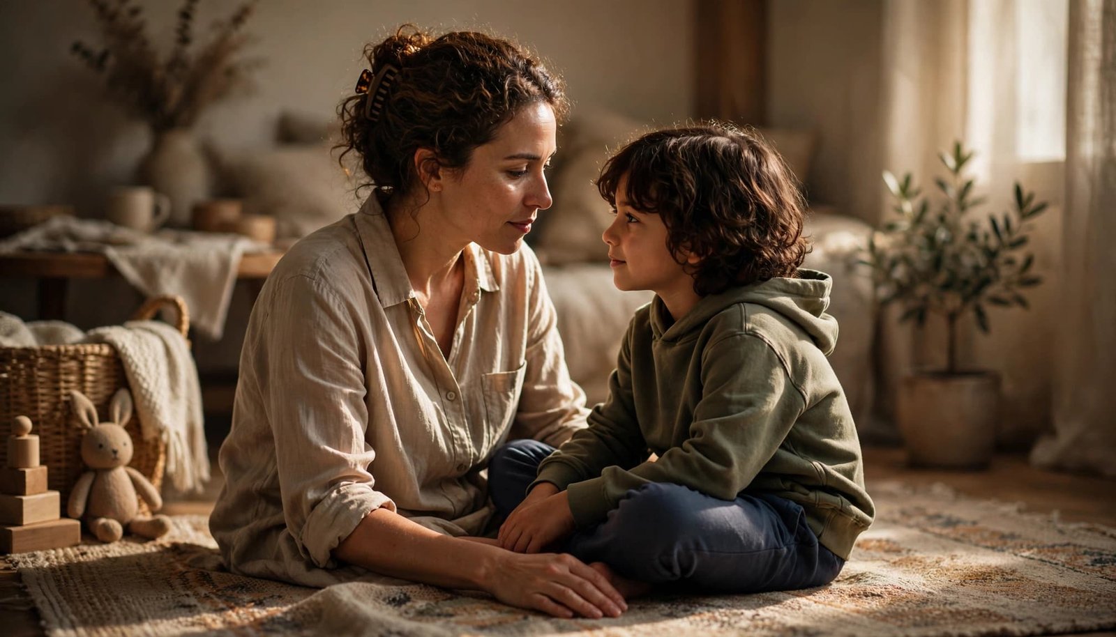 A parent and child sit together on a rug in a warmly lit living room.