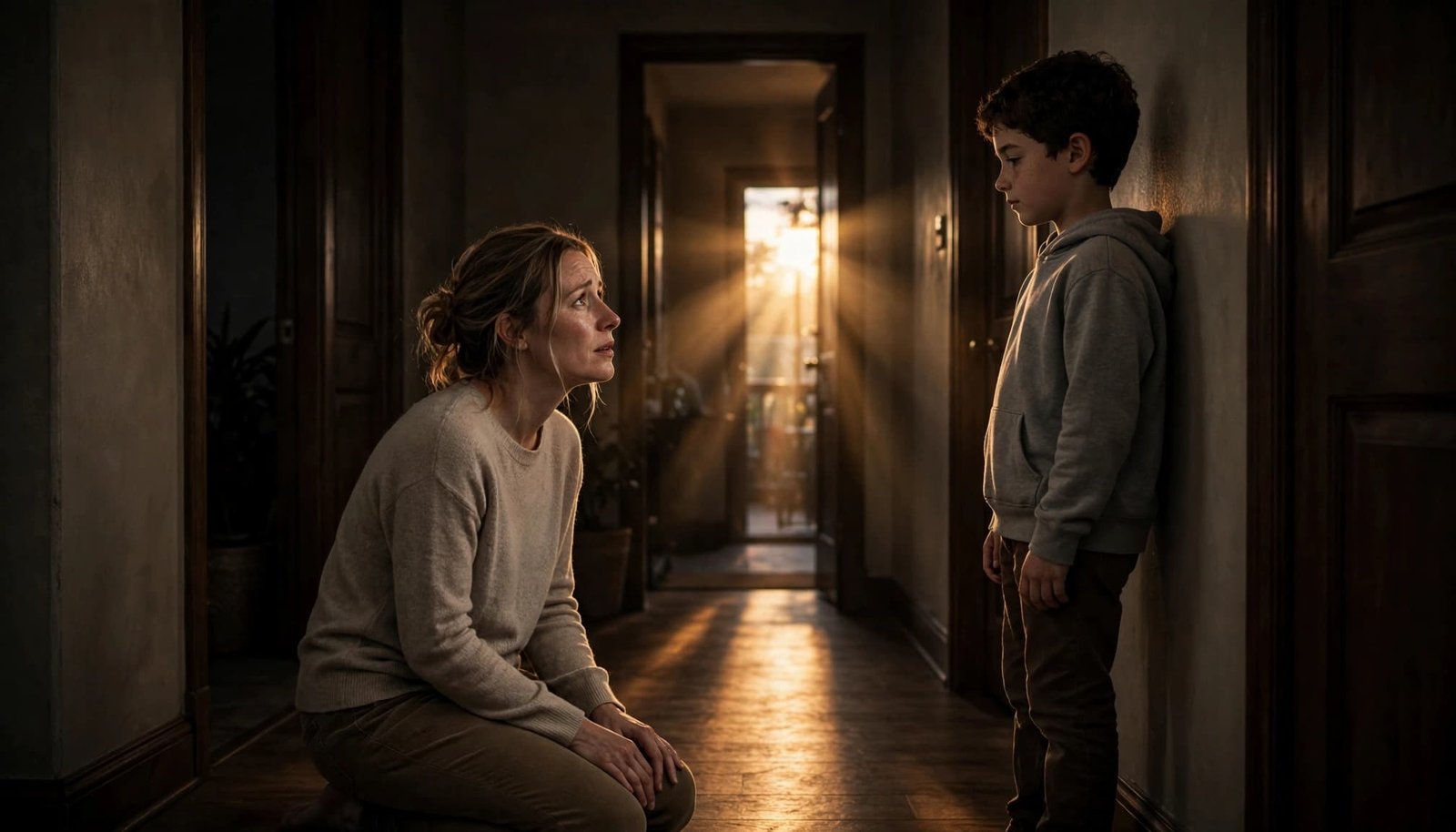 A parent kneels apart from a listening child in a warmly lit hallway.