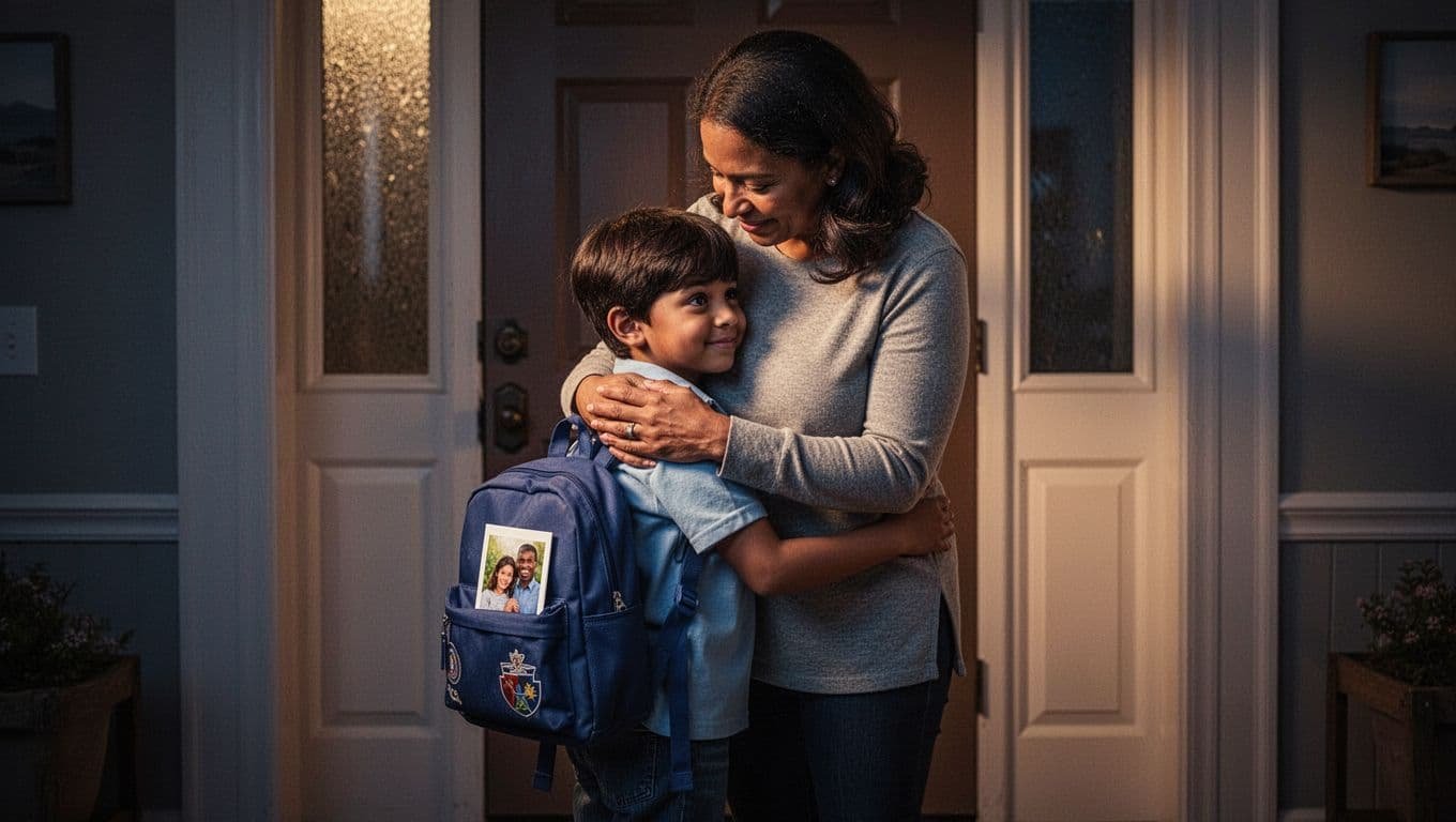 A parent hugs a child holding a backpack with a family photo.