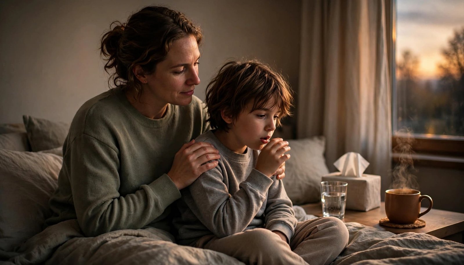 A parent comforts a coughing child beside water, tissues, and a warm mug.