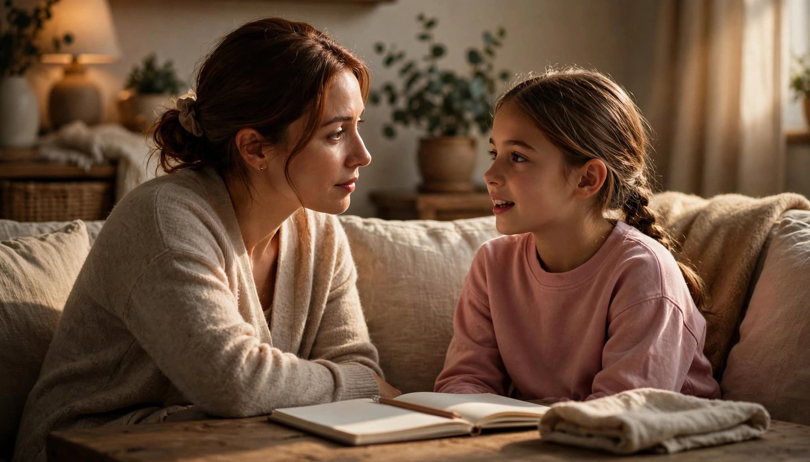 Parent listens to daughter in a warmly lit living room with a notebook nearby.