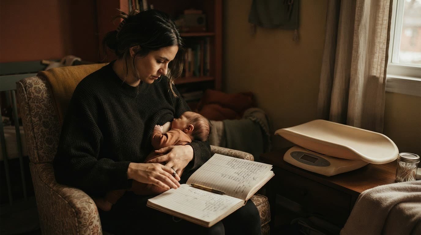 Parent holds an infant beside a pediatric scale and feeding log in a warm home.