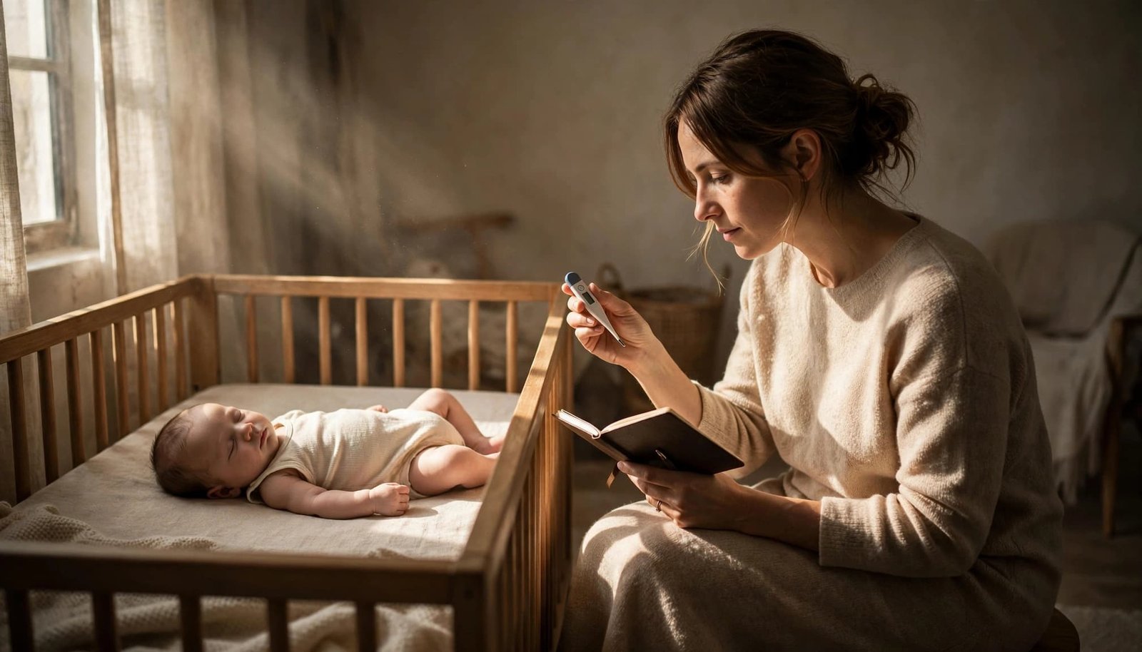 Parent checks a thermometer and notebook beside a sleeping newborn in a crib.