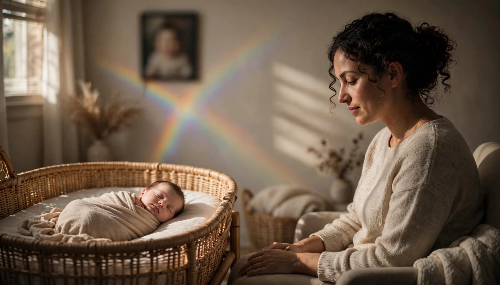 A parent sits beside a sleeping newborn in a bassinet, with warm light and a faint rainbow on the nursery wall.