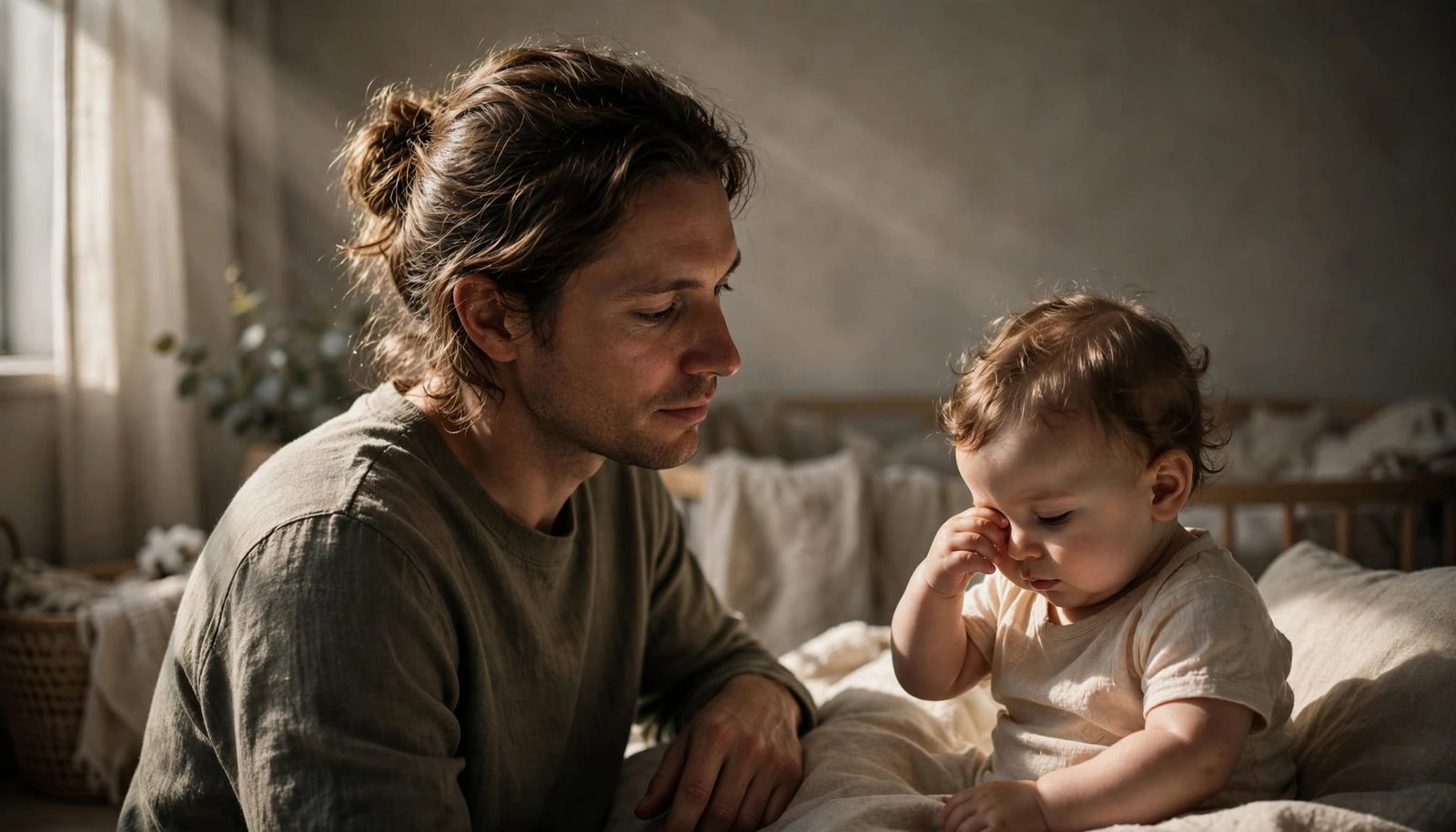 A parent watches a baby rub one eye in a softly lit nursery.