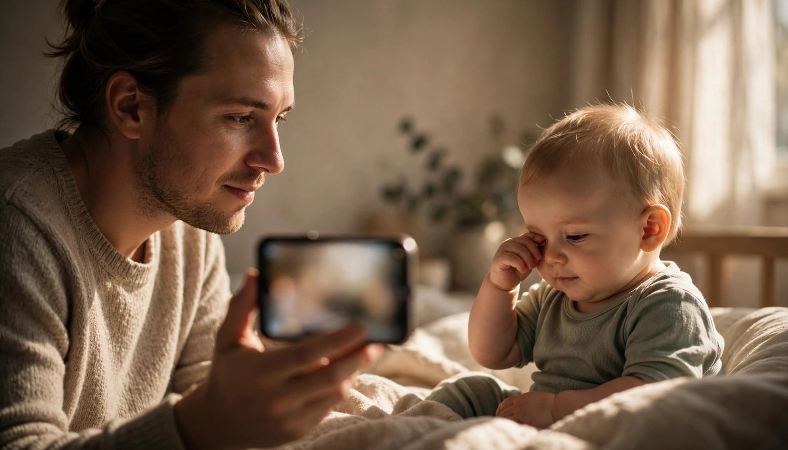 A parent watches a baby while holding a phone in a warm home setting.