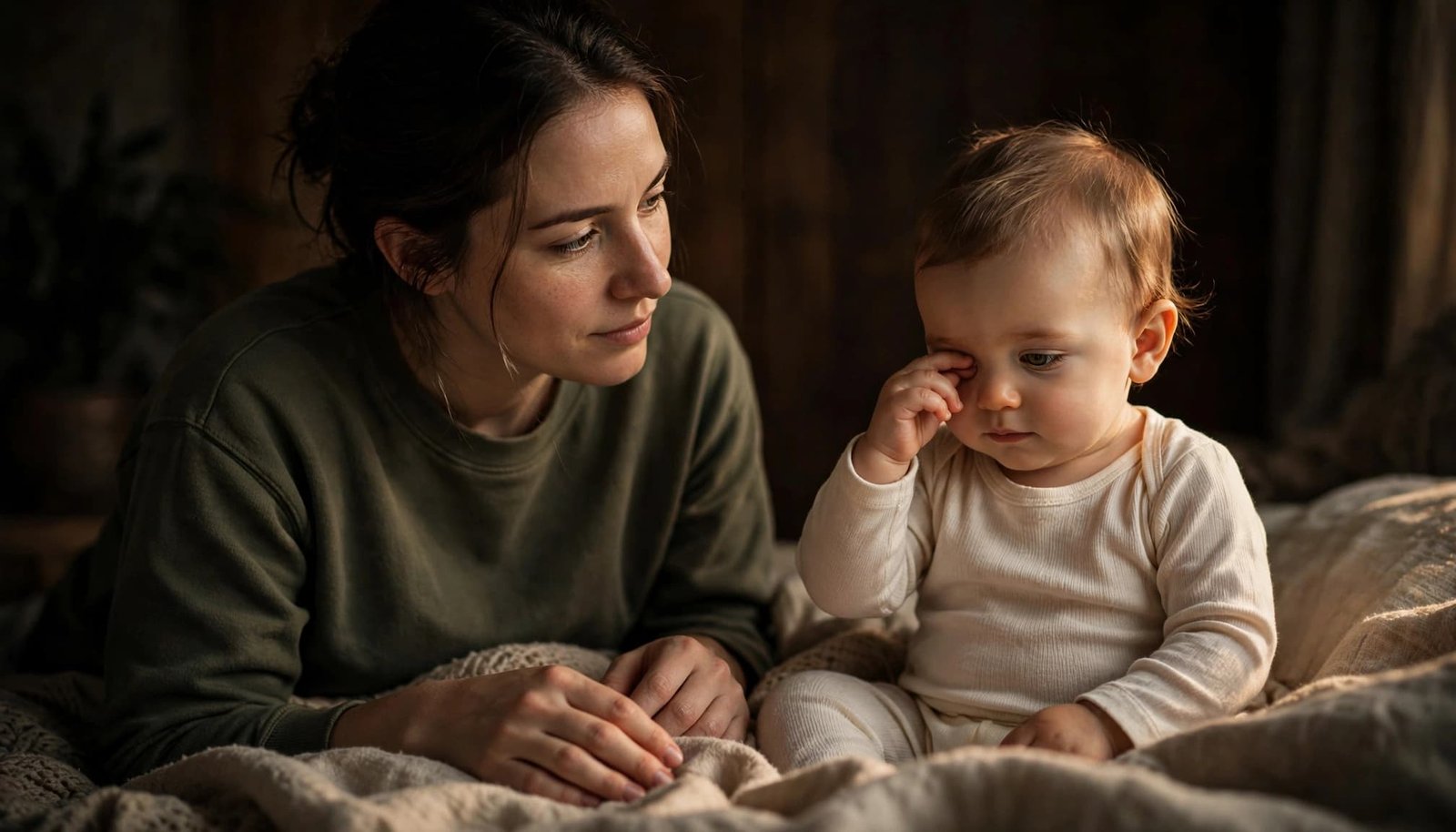 A parent watches a calm baby rubbing one eye in a softly lit nursery.