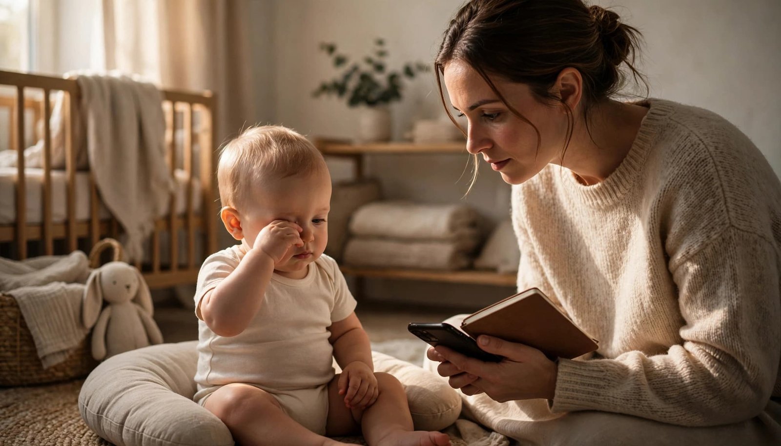 A parent watches a seated baby while holding a notebook and phone in a warm nursery.