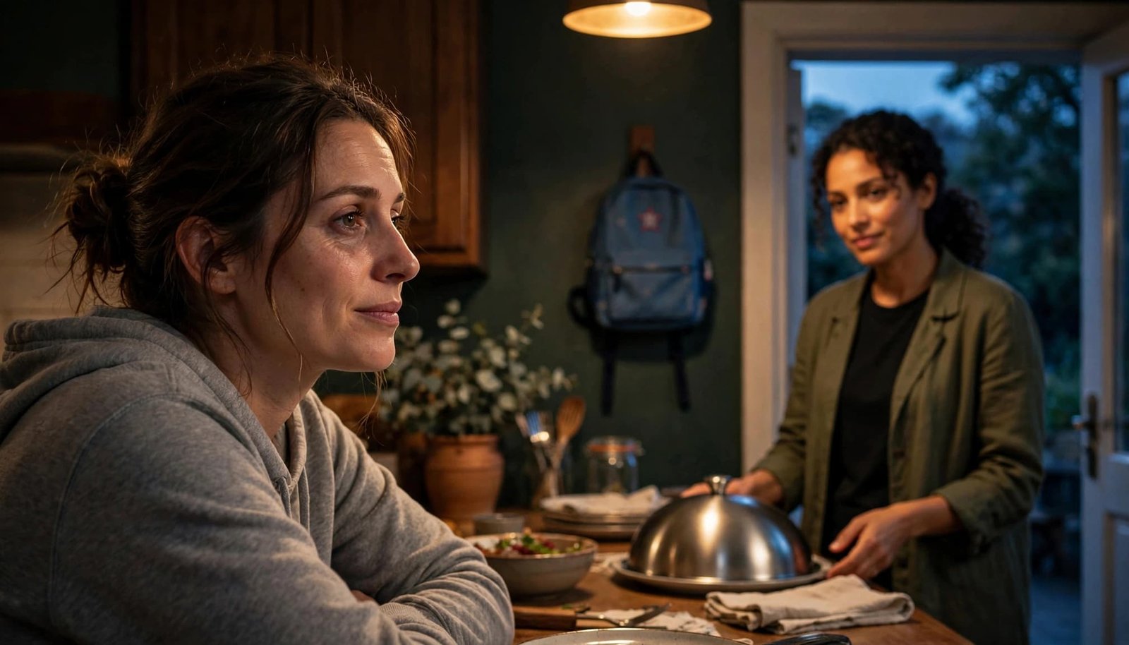 A friend brings dinner to a tired parent in a warm family kitchen.