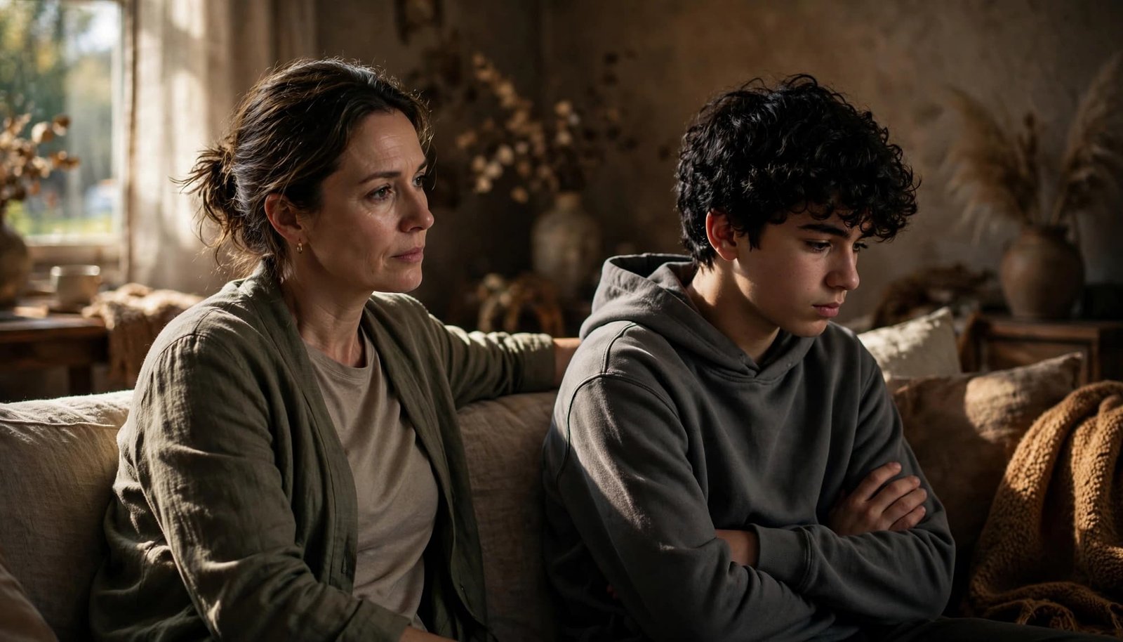 A parent sits near a withdrawn teenager in a softly lit living room.