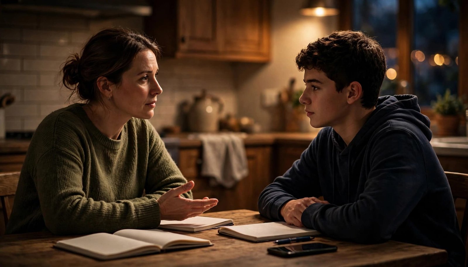 A parent and teenager talk across a kitchen table with notebooks and a phone.