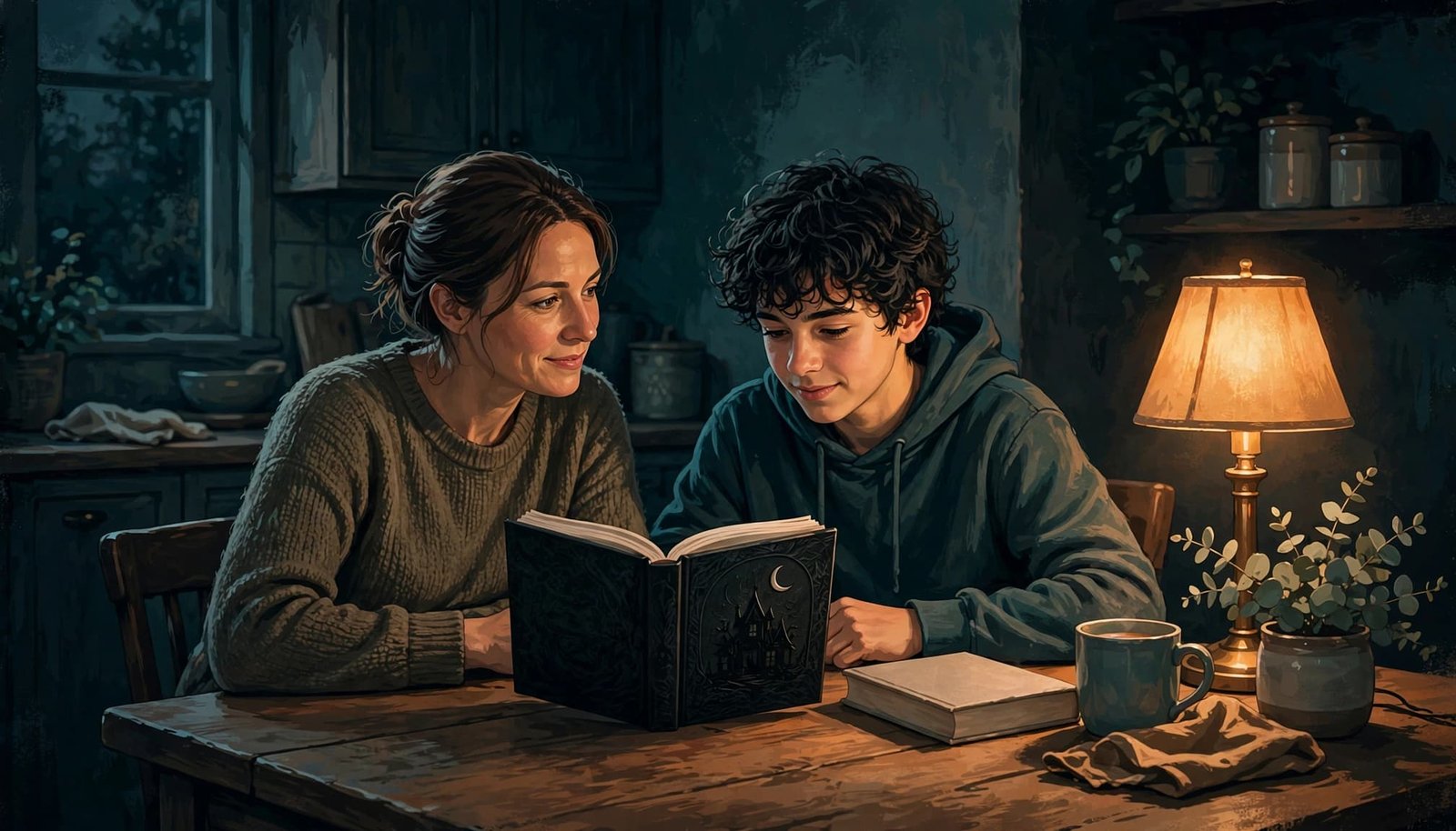 A parent and teenager compare two books at a warmly lit kitchen table.