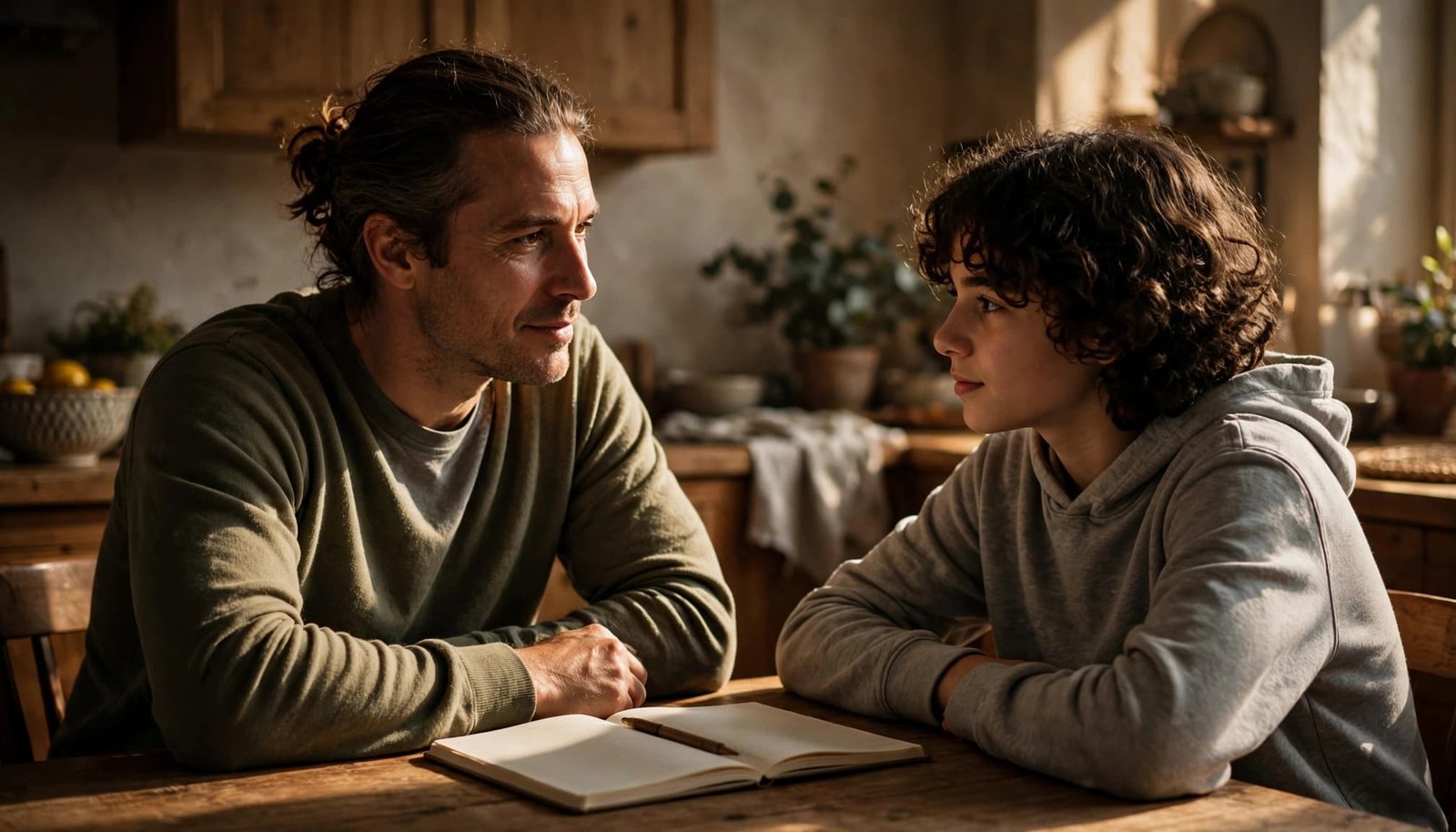 A parent and teenager discuss plans at a kitchen table with a notebook and pen.