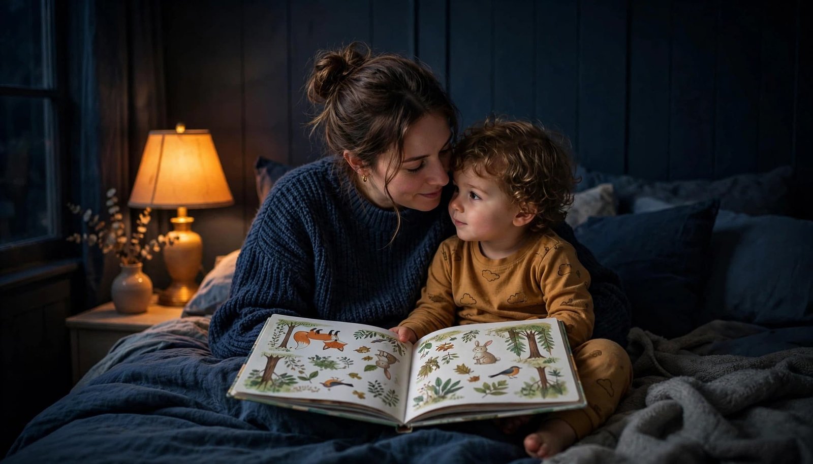 A parent and toddler cuddle while reading a picture book in bed.