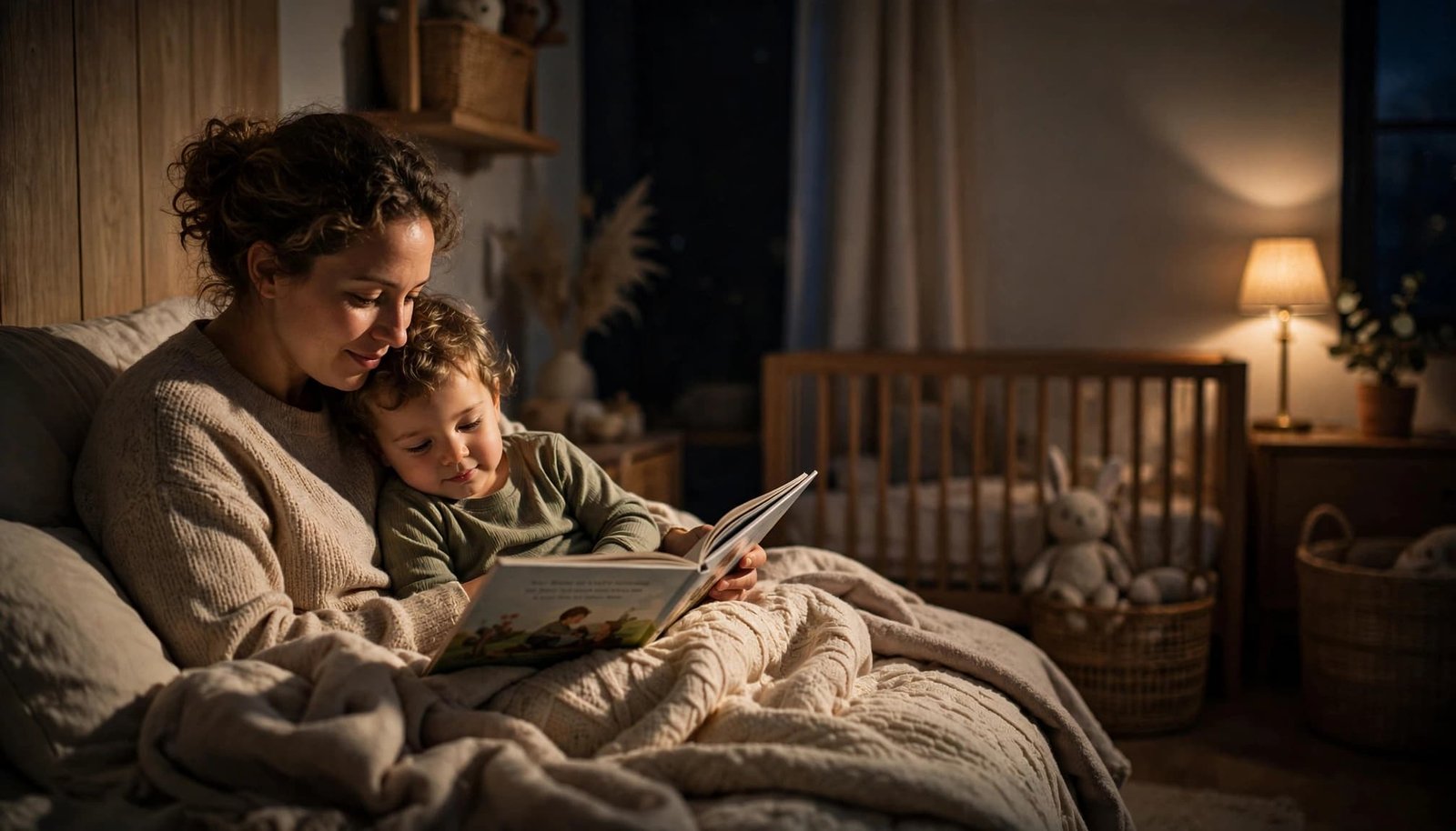 A parent and toddler read together under blankets in a warmly lit bedroom.