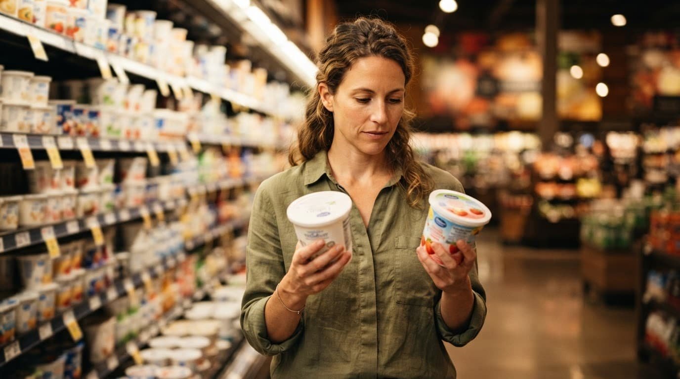 A parent compares plain and flavored toddler yogurt in a grocery aisle.