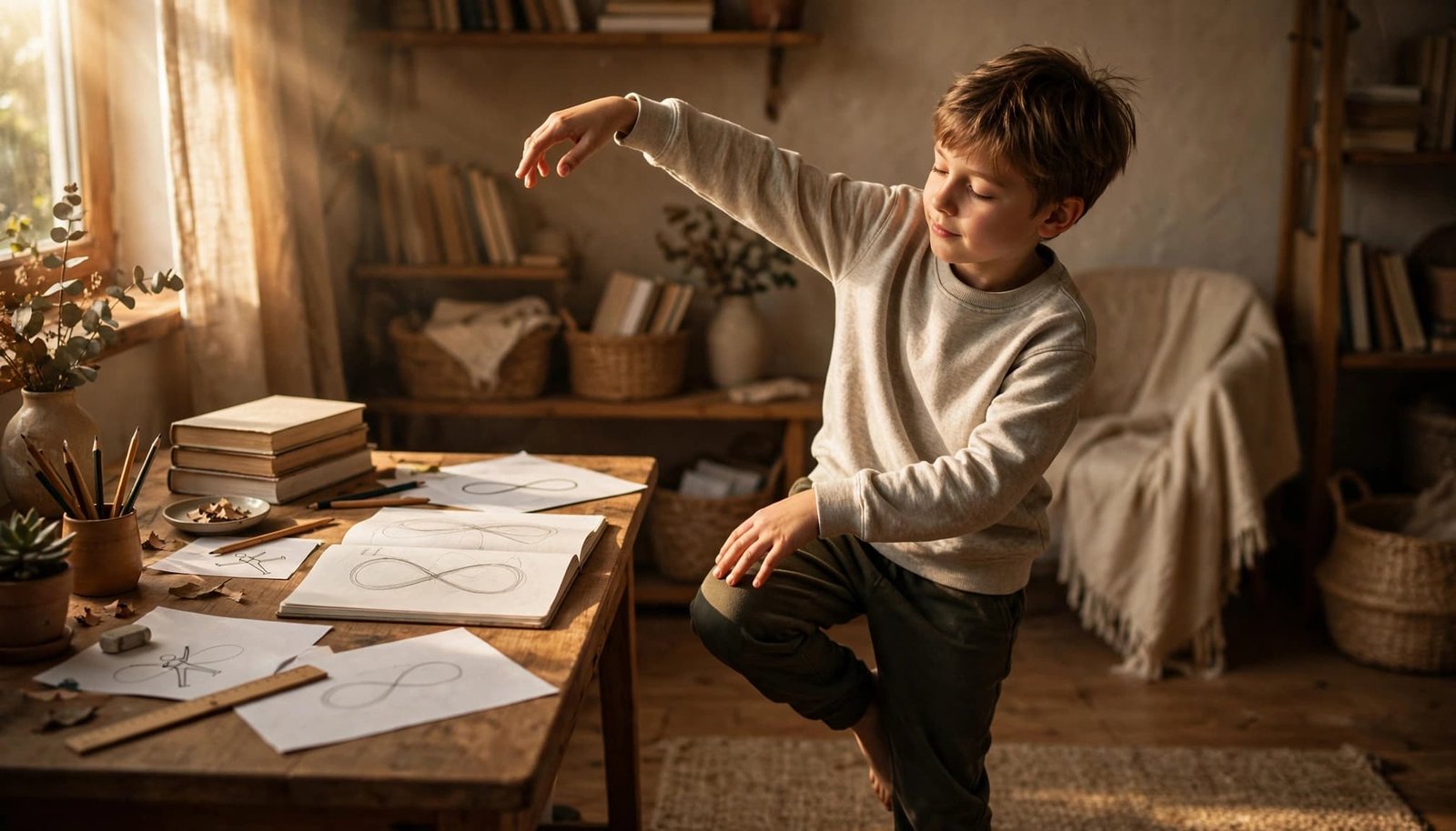 A child follows a gentle movement routine beside a homework desk with books and papers.