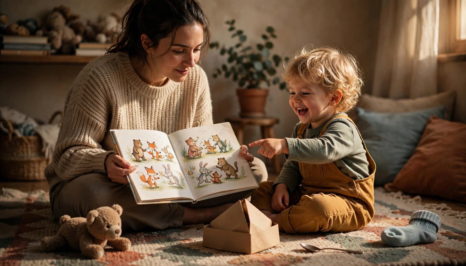 A parent reads to a laughing toddler on a rug with playful props nearby.