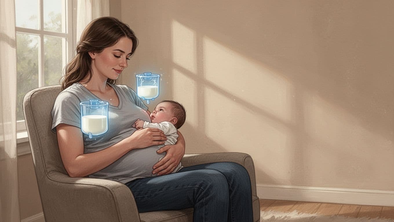 A parent nurses a baby beside two translucent blue reservoir shapes in a warm home.