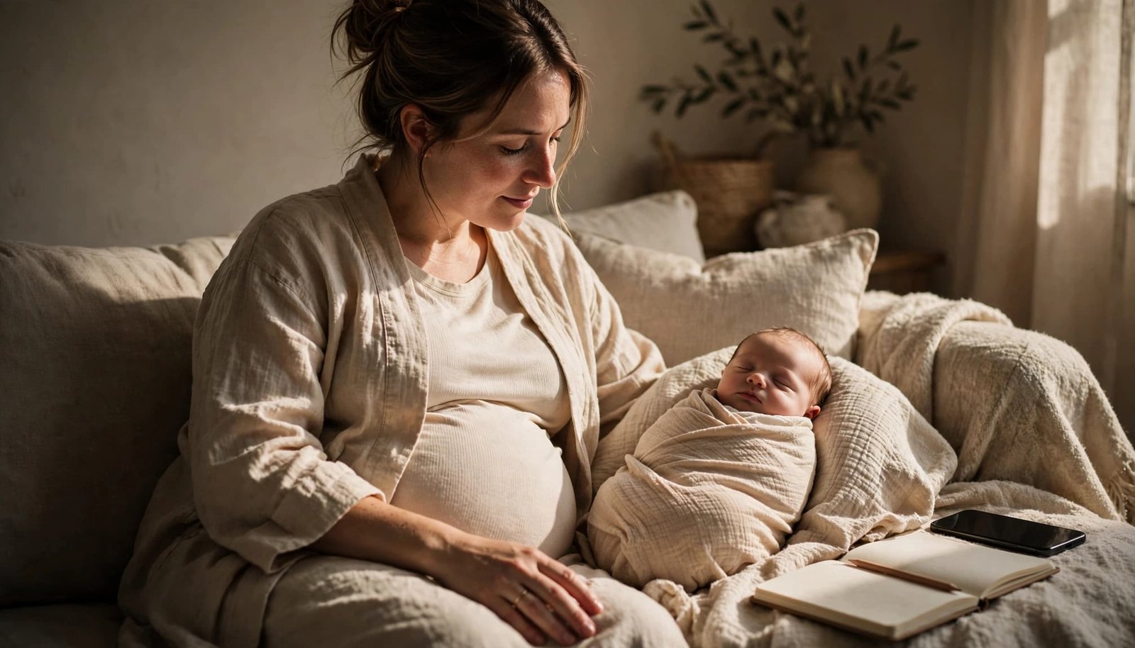 A parent sits beside a newborn with a notebook and phone nearby.