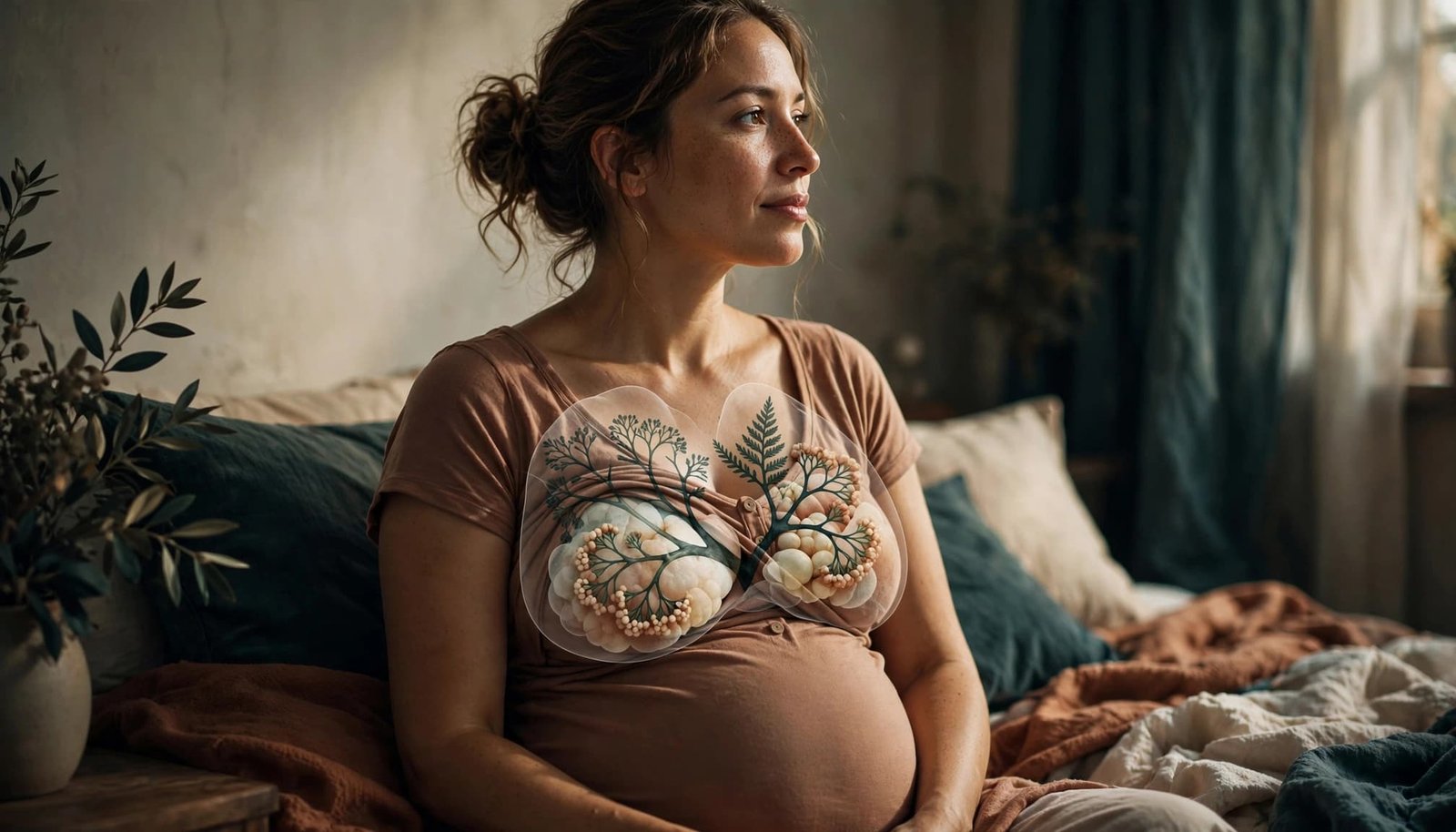 A seated postpartum parent with subtle breast anatomy forms near the torso.