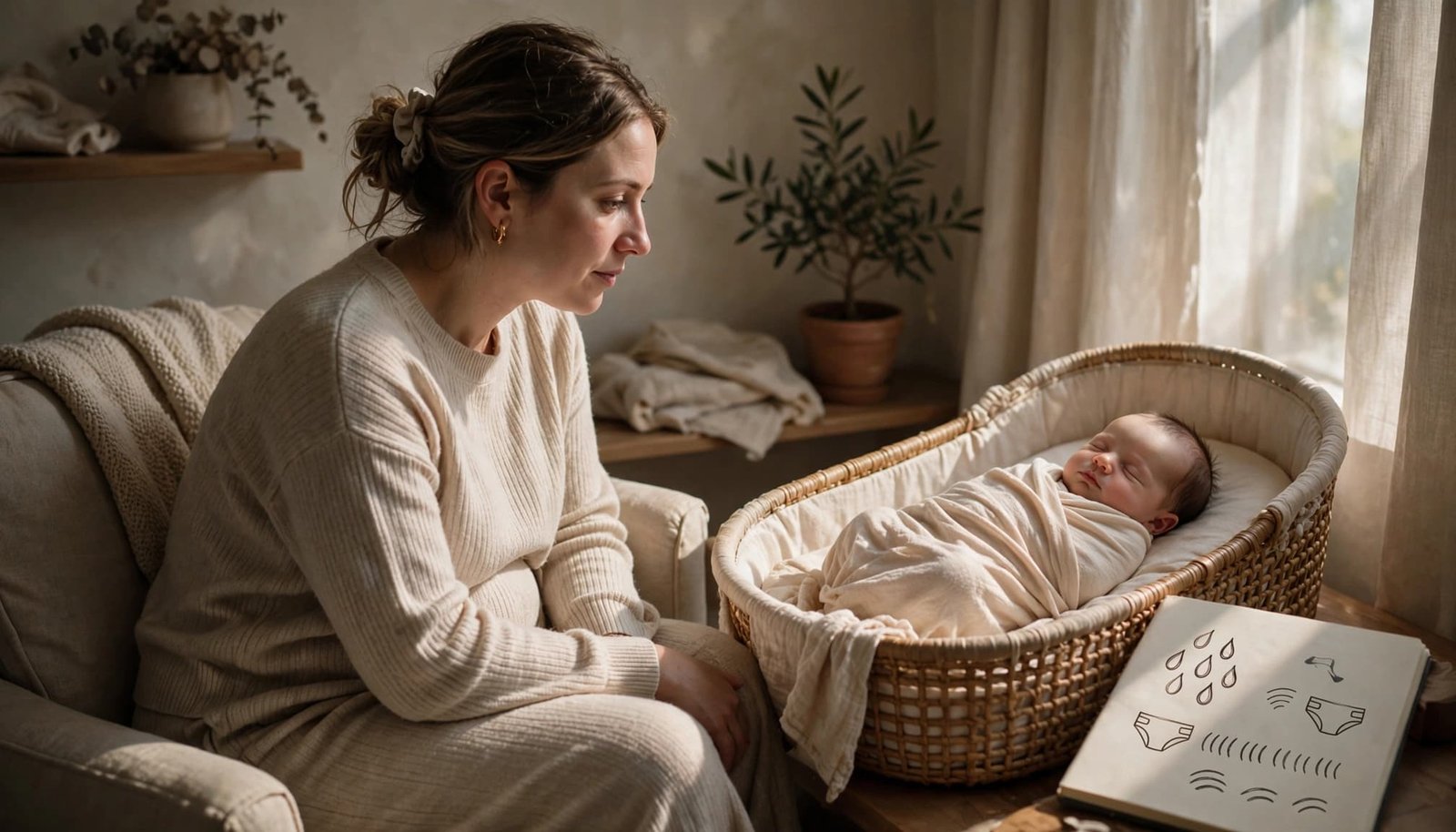 A parent watches a calm newborn beside a notebook in a warm nursery.