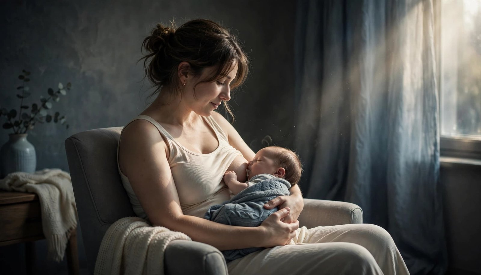 A parent nurses a newborn in a calm, softly lit bedroom.