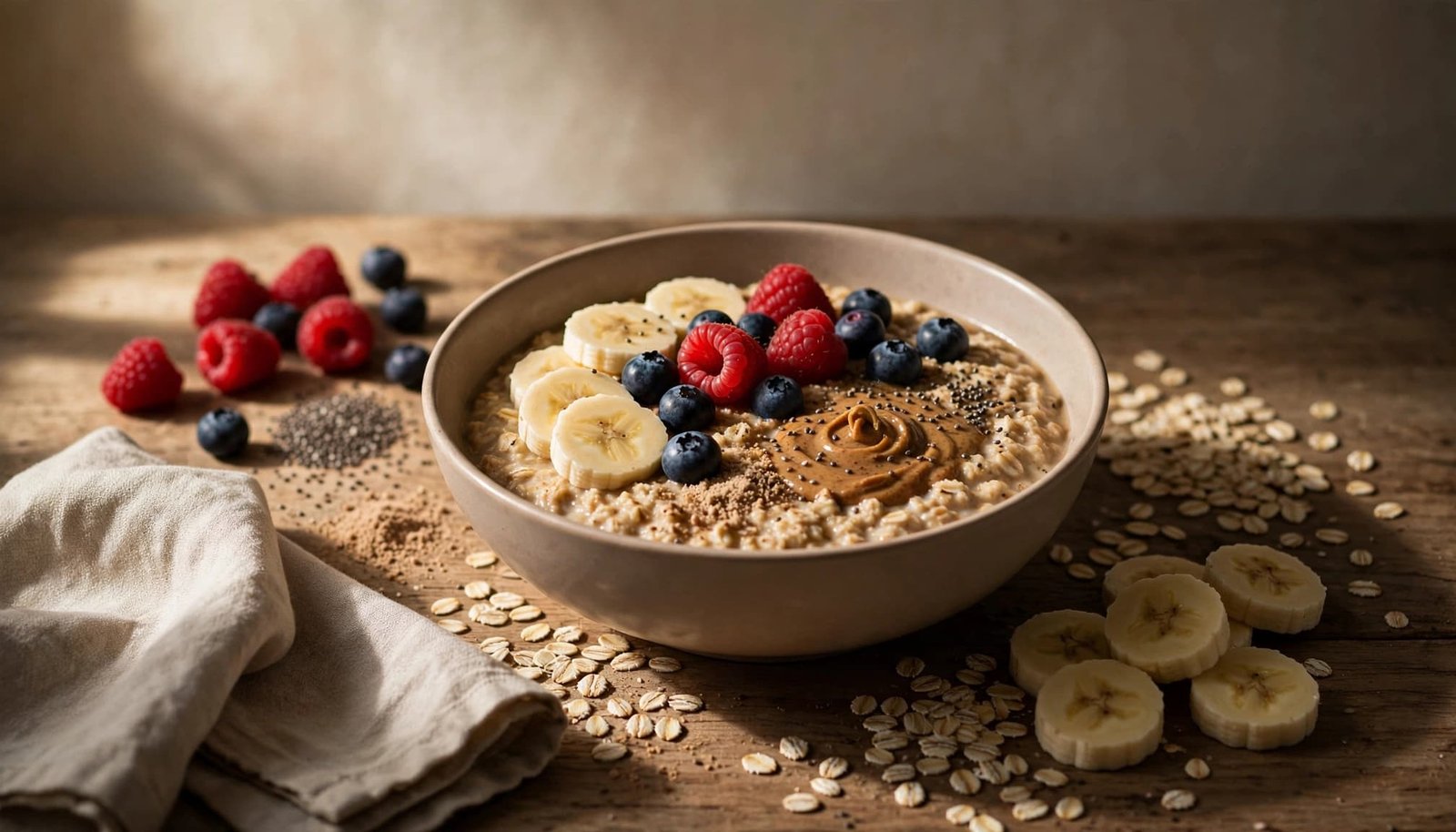Oatmeal topped with fruit, seeds, and nut butter on a kitchen table.