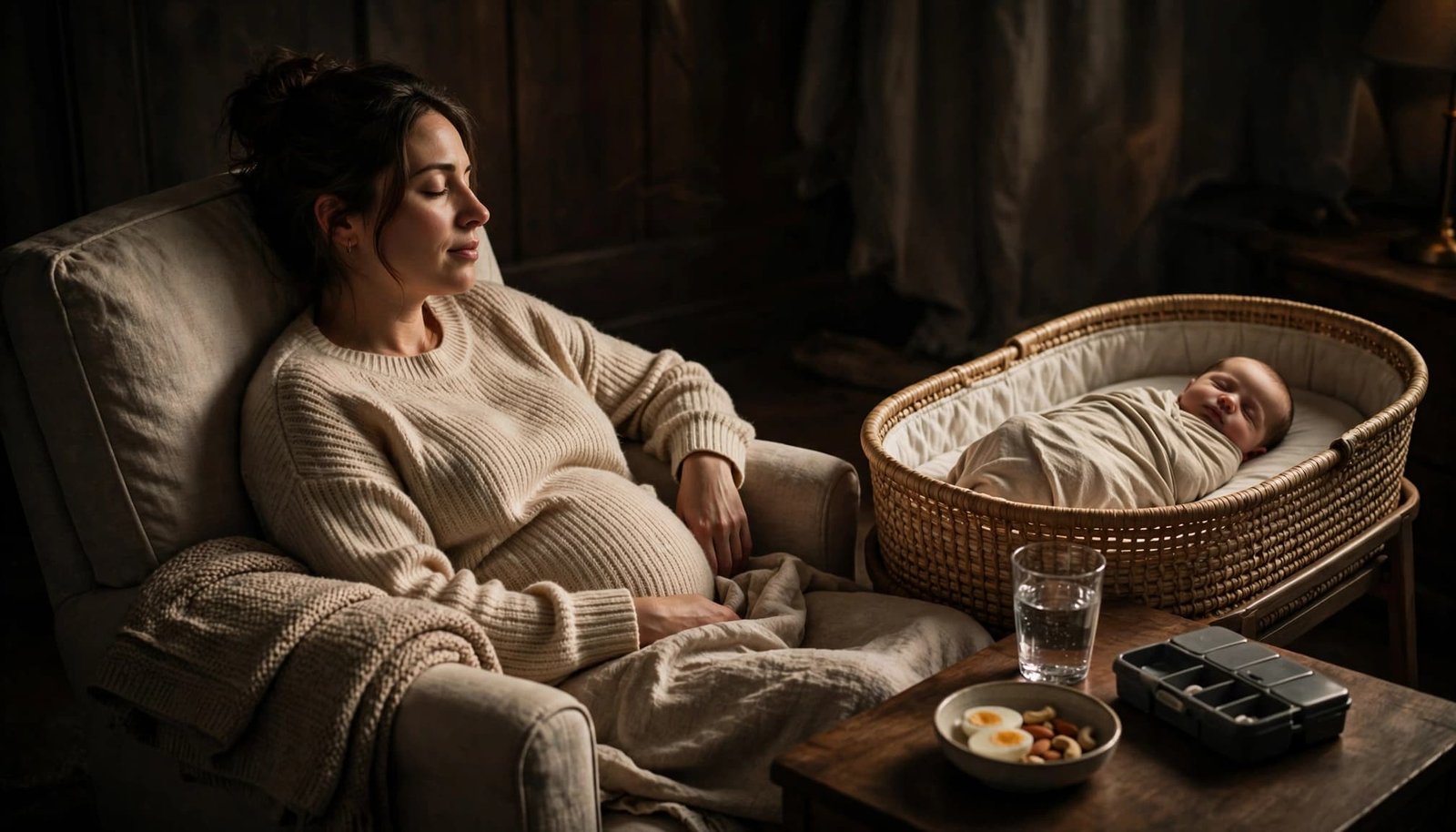 A mother rests beside a newborn bassinet with water, a snack, medicine organizer, and folded blanket nearby.