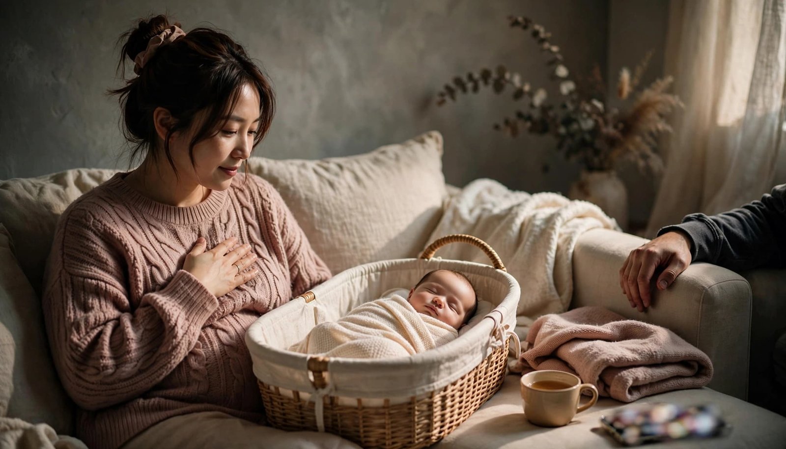 A new mother rests beside her sleeping newborn while a partner offers quiet support.