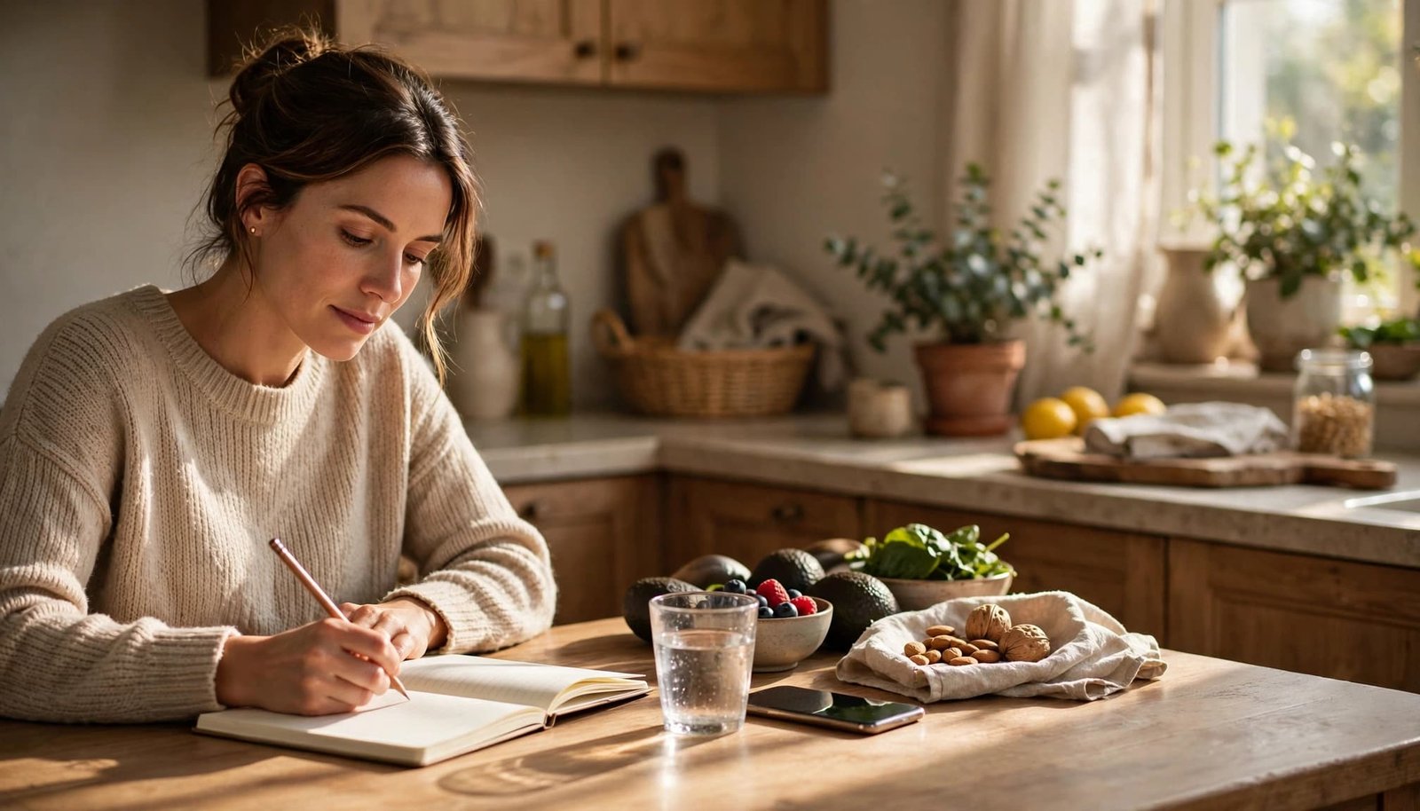 Woman planning for pregnancy with a notebook, water, and phone at a kitchen table.