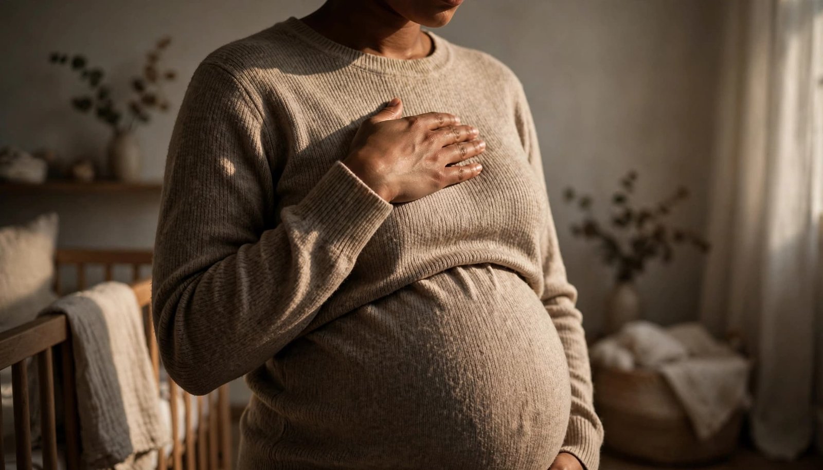 Pregnant person in modest clothing with one hand near the chest in warm bedroom light.