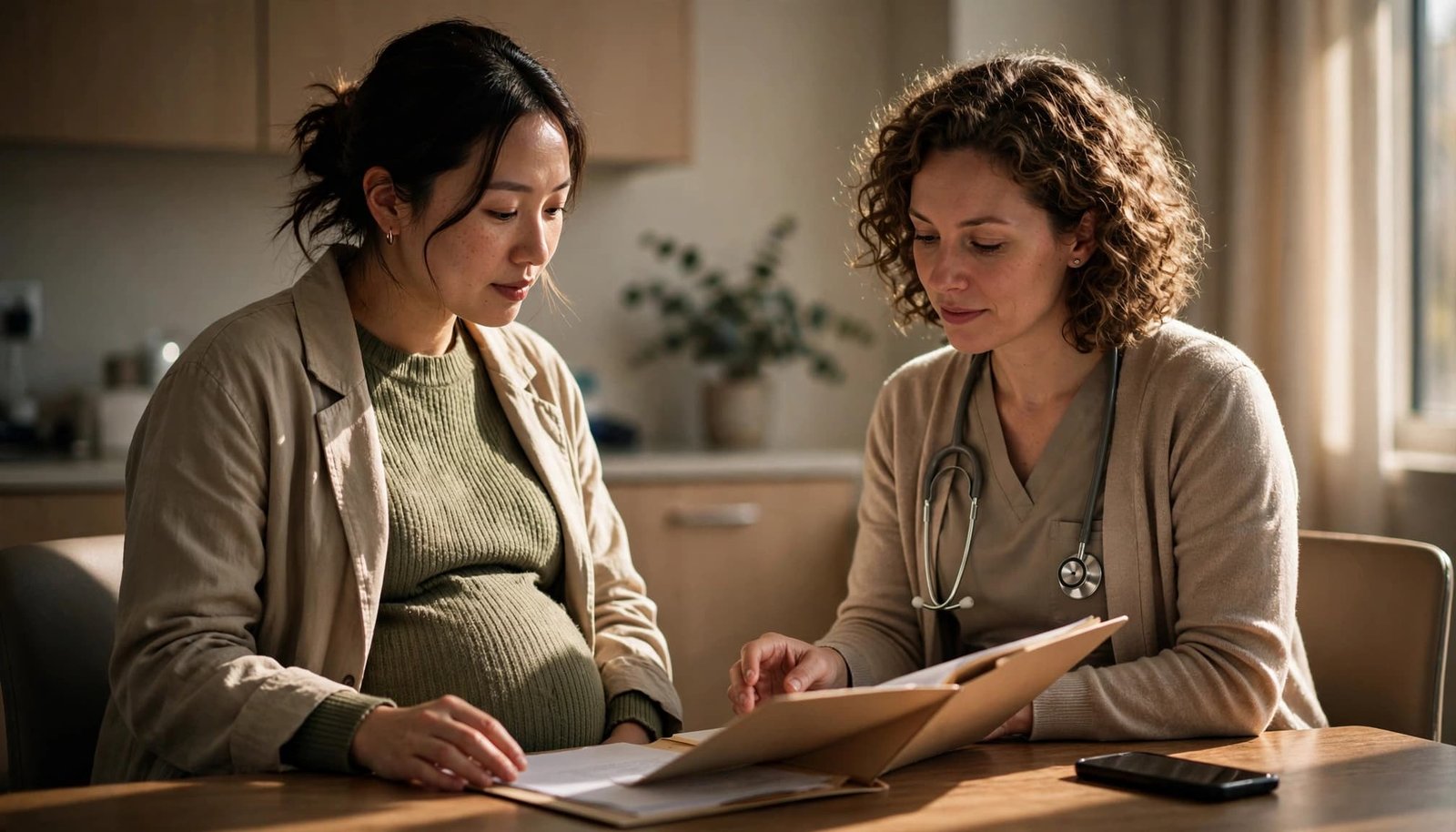 A pregnant person reviews a birth plan with a maternity professional at a hospital table.
