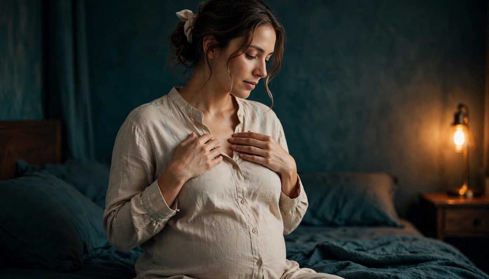 Pregnant person with hands near the chest in a softly lit bedroom.