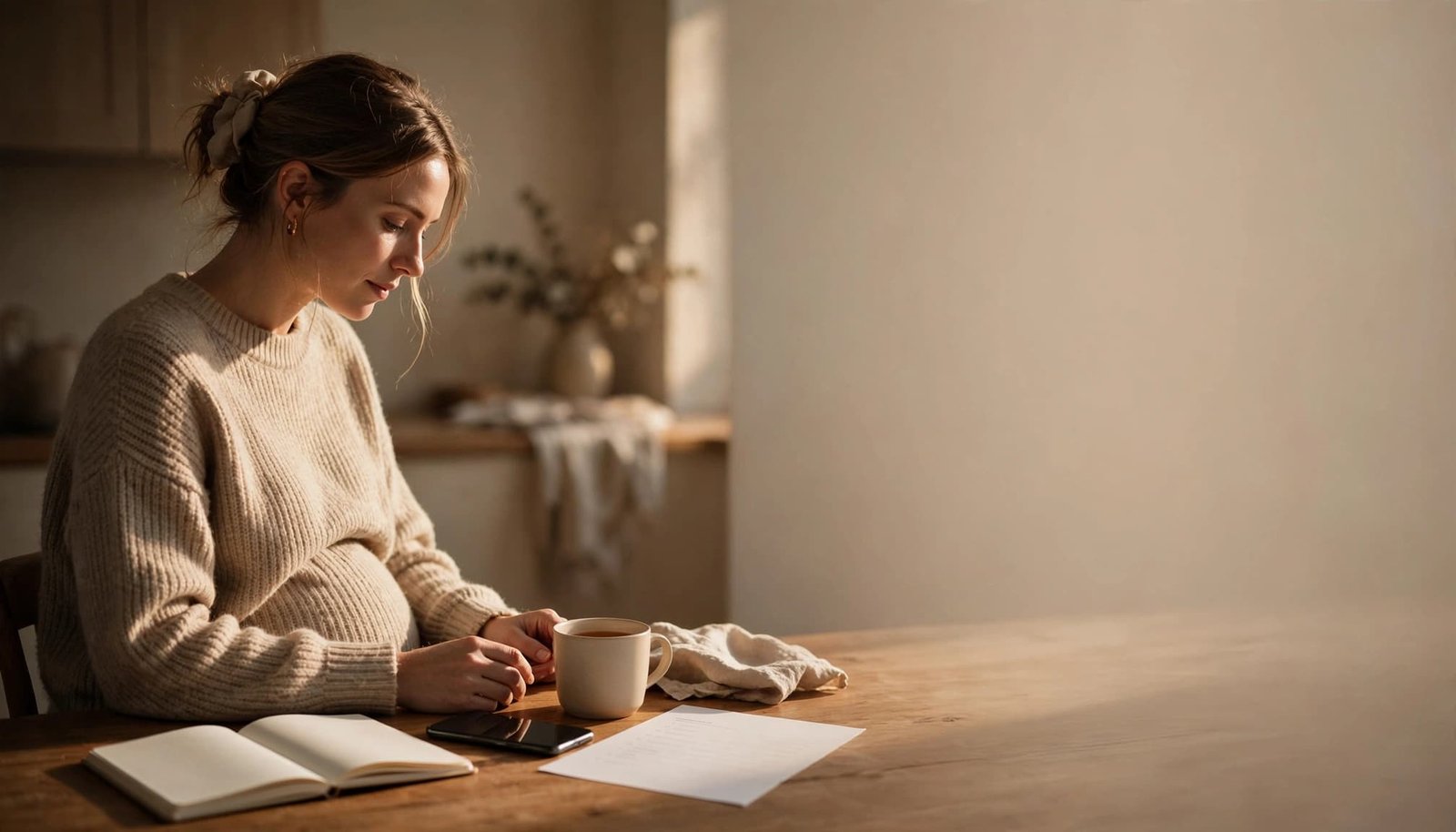 Pregnant person reviewing a notebook and phone at a warm kitchen table.