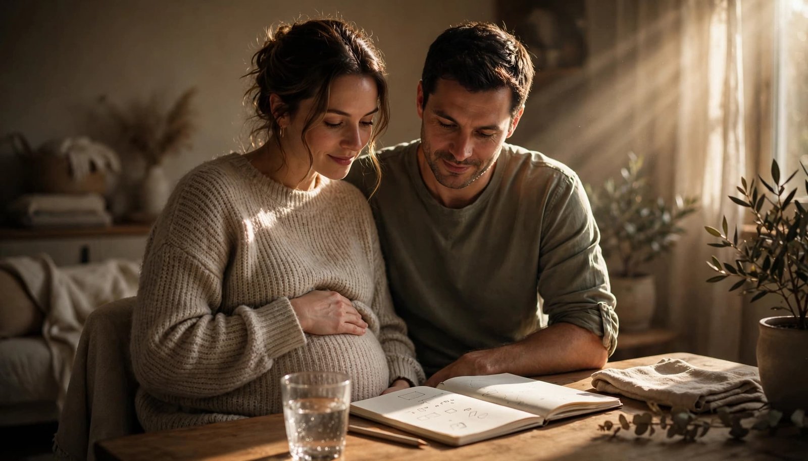 A pregnant couple reviews a feeding plan beside a notebook and glass of water.
