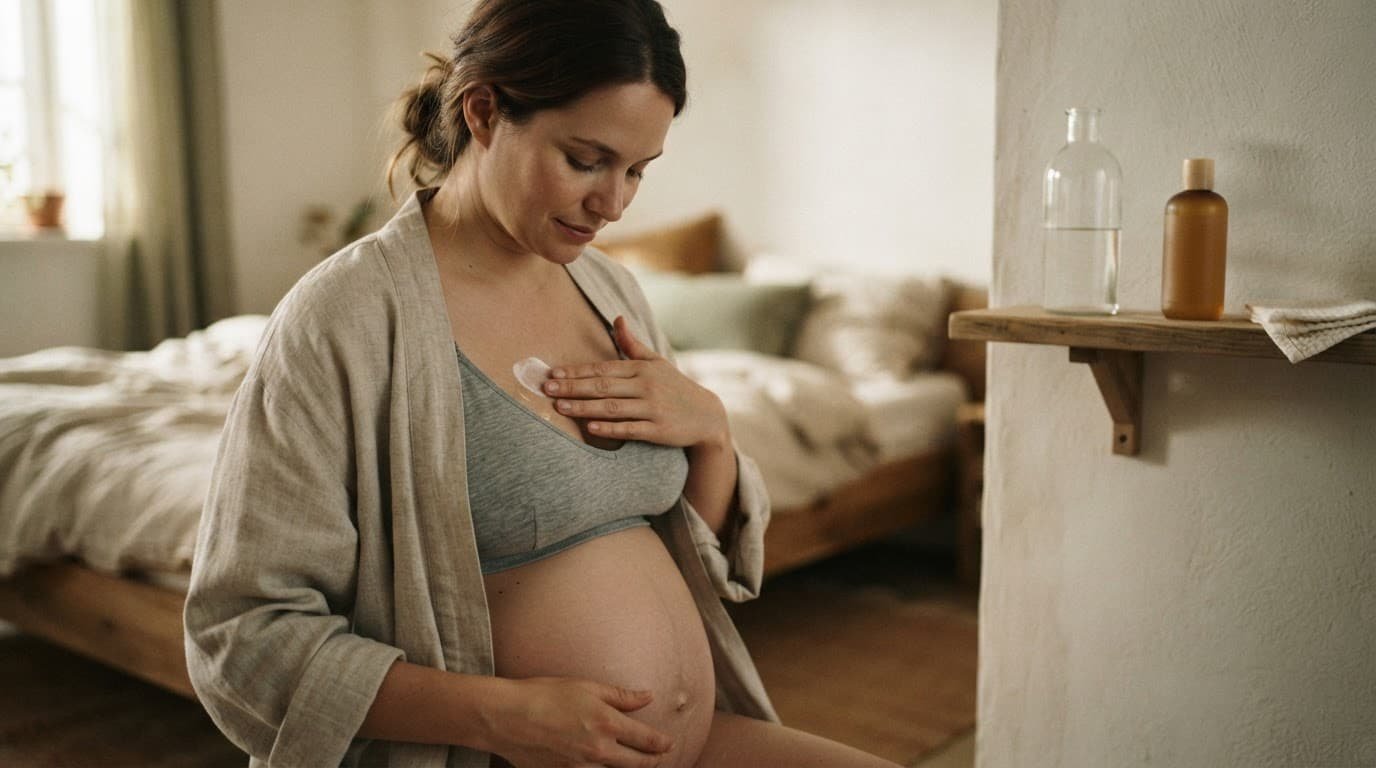Pregnant woman gently moisturizing breast skin while wearing a robe.